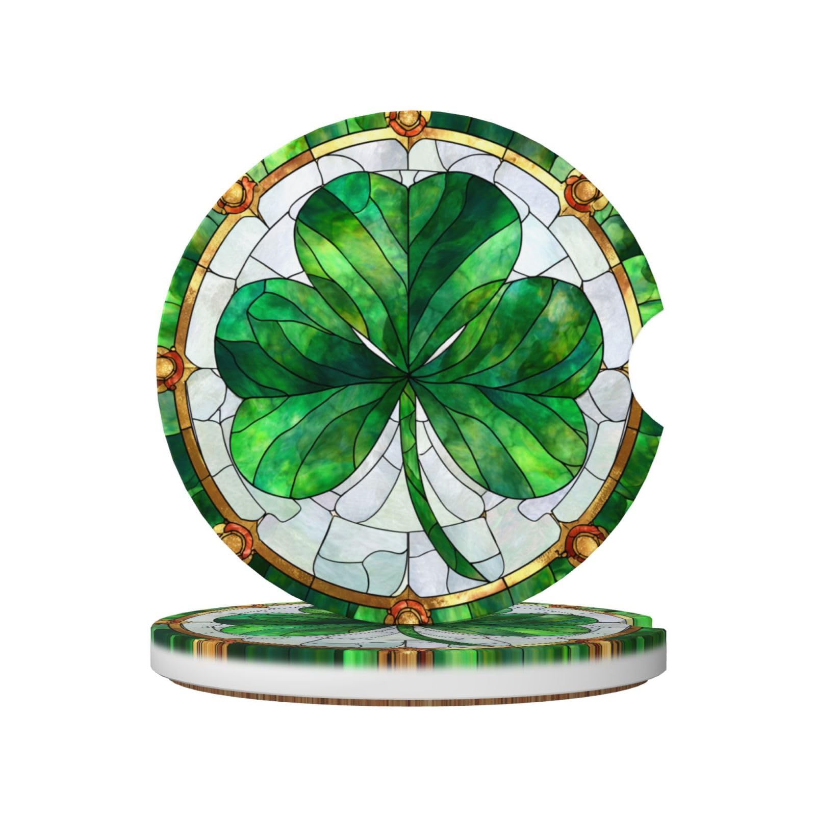 Green Shamrock Leaf Stained Glass Ceramic Coasters,2pcs
