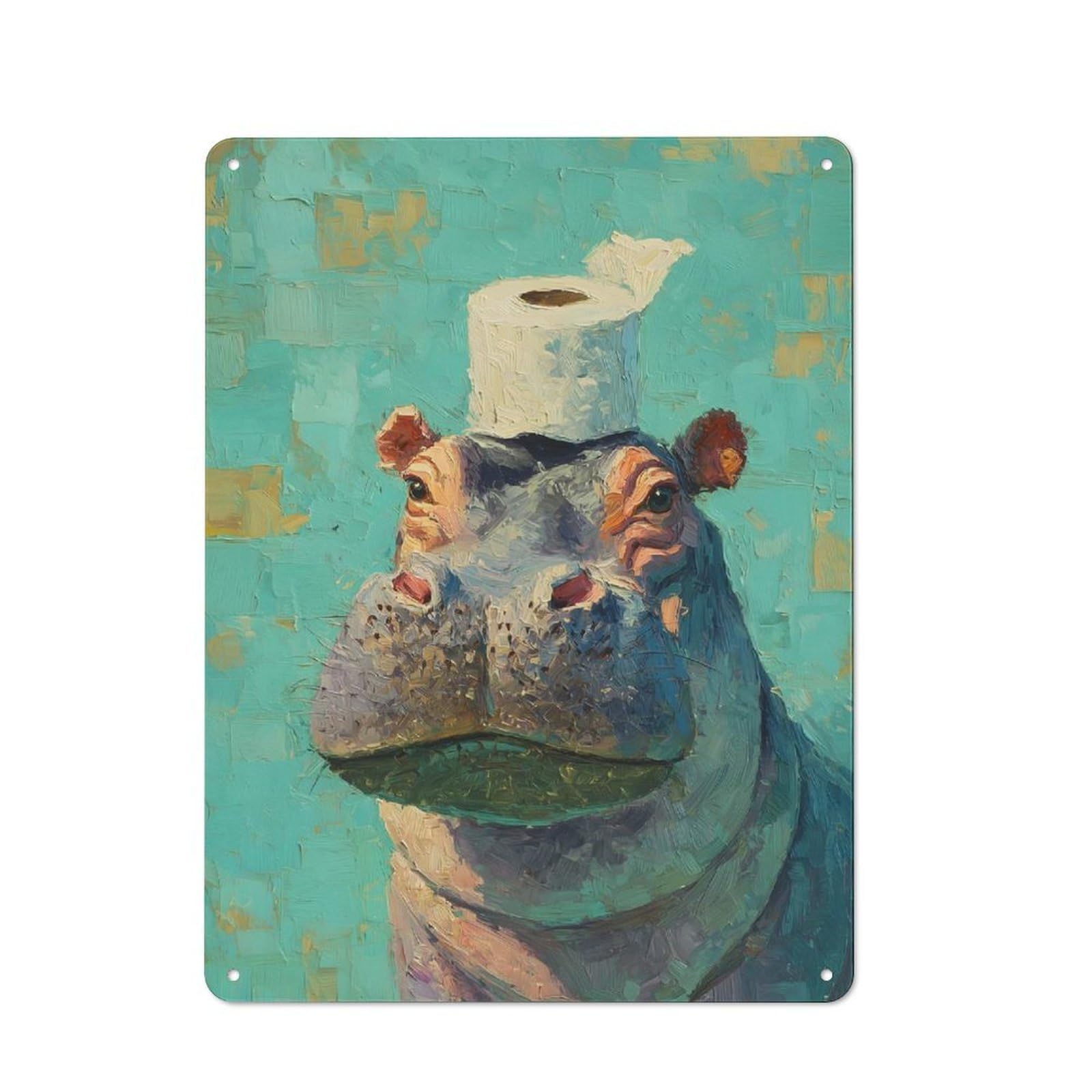 Junmoney Hippo With Toilet Paper Hat Retro Metal Sign 40X30cm For Garden Room Or Summerhouse, For Garden Room Decor Fans