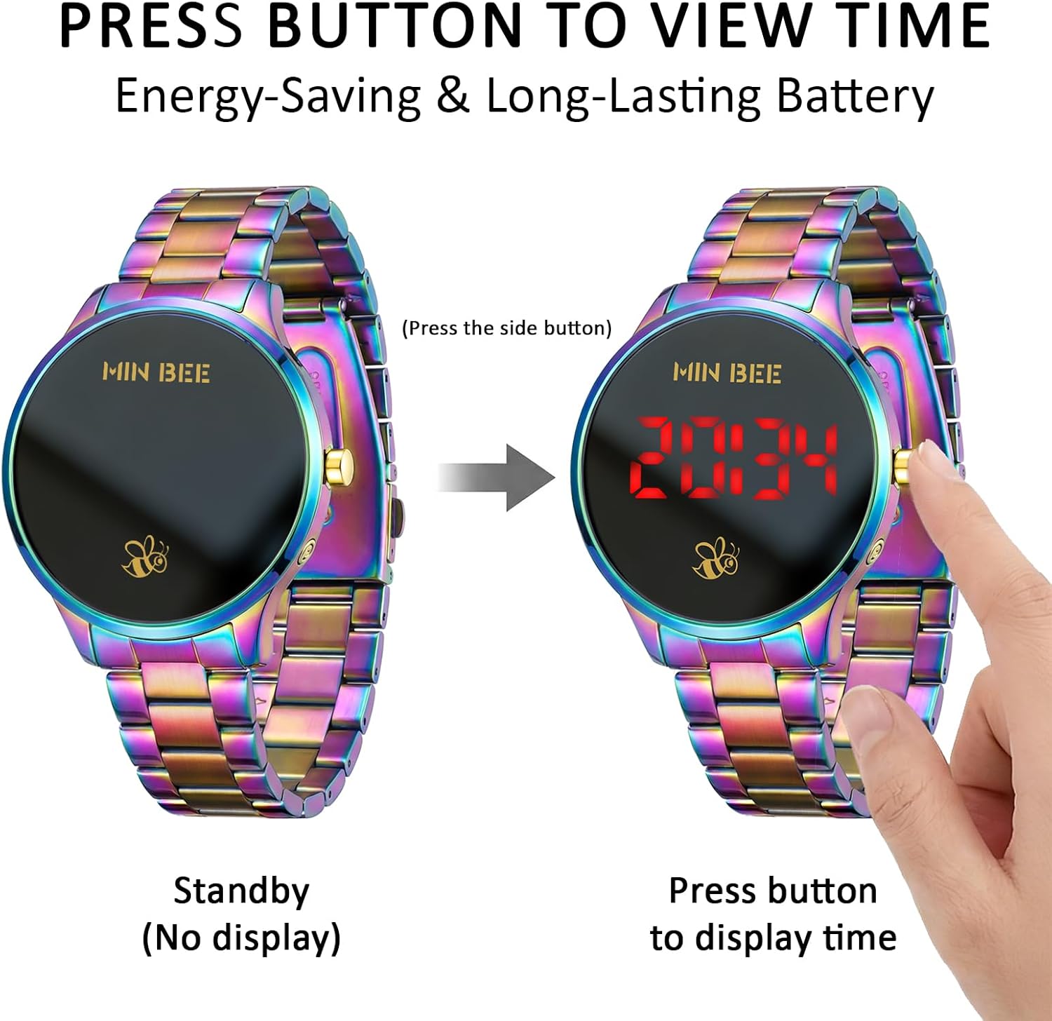 Unisex 40mm Minimalist Rainbow Digital Watch, Large LED Display 12/24H Format, Stainless Steel Band, 30m Water Resistant, Tool-Free Adjustable for Daily Wear