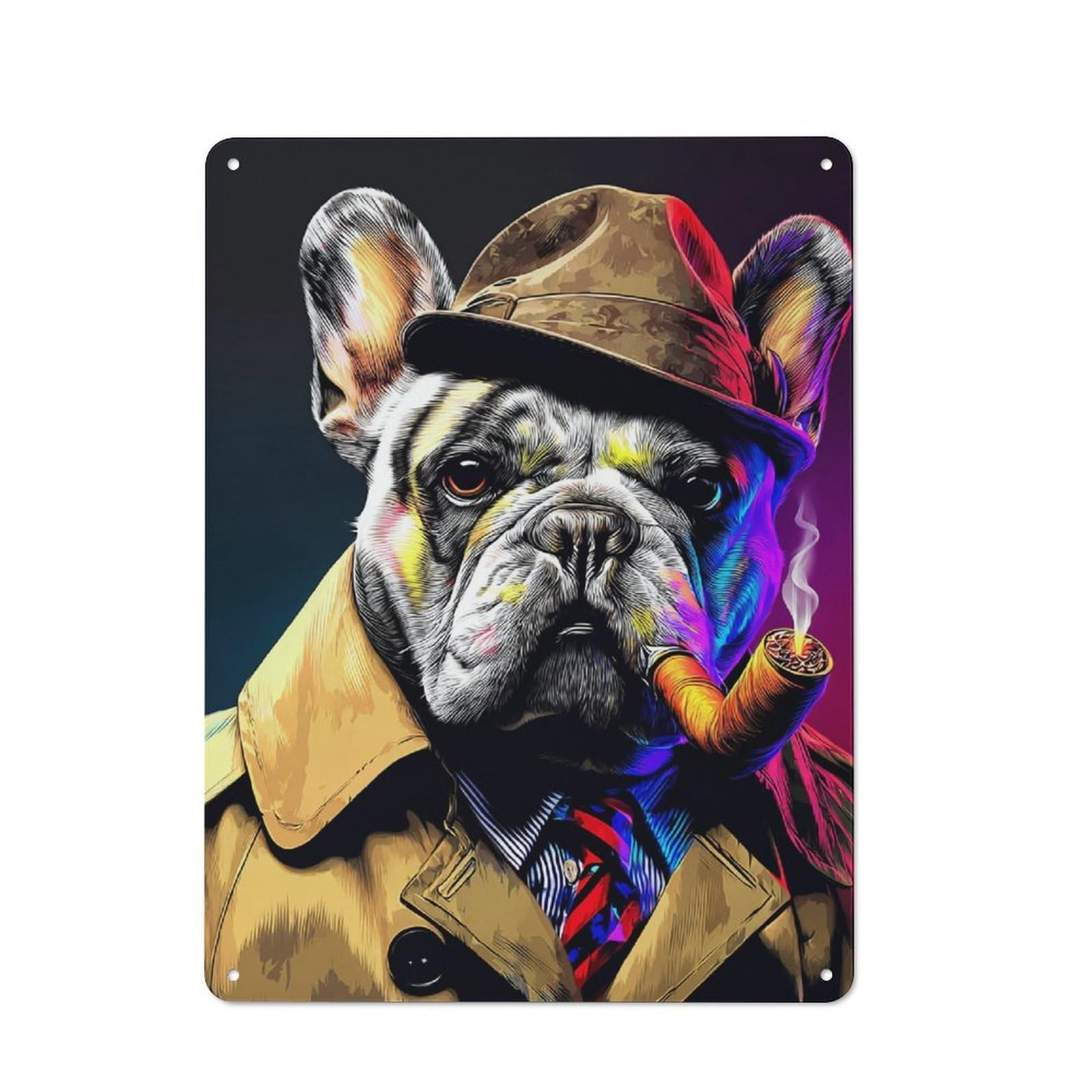 Junmoney Stylish Bulldog In Trench Coat -1 Metal Wall Plaque With Design 40X30cm, Classic Retro Room Decor For Kitchen, Hallway, Bar Or Small Cafe