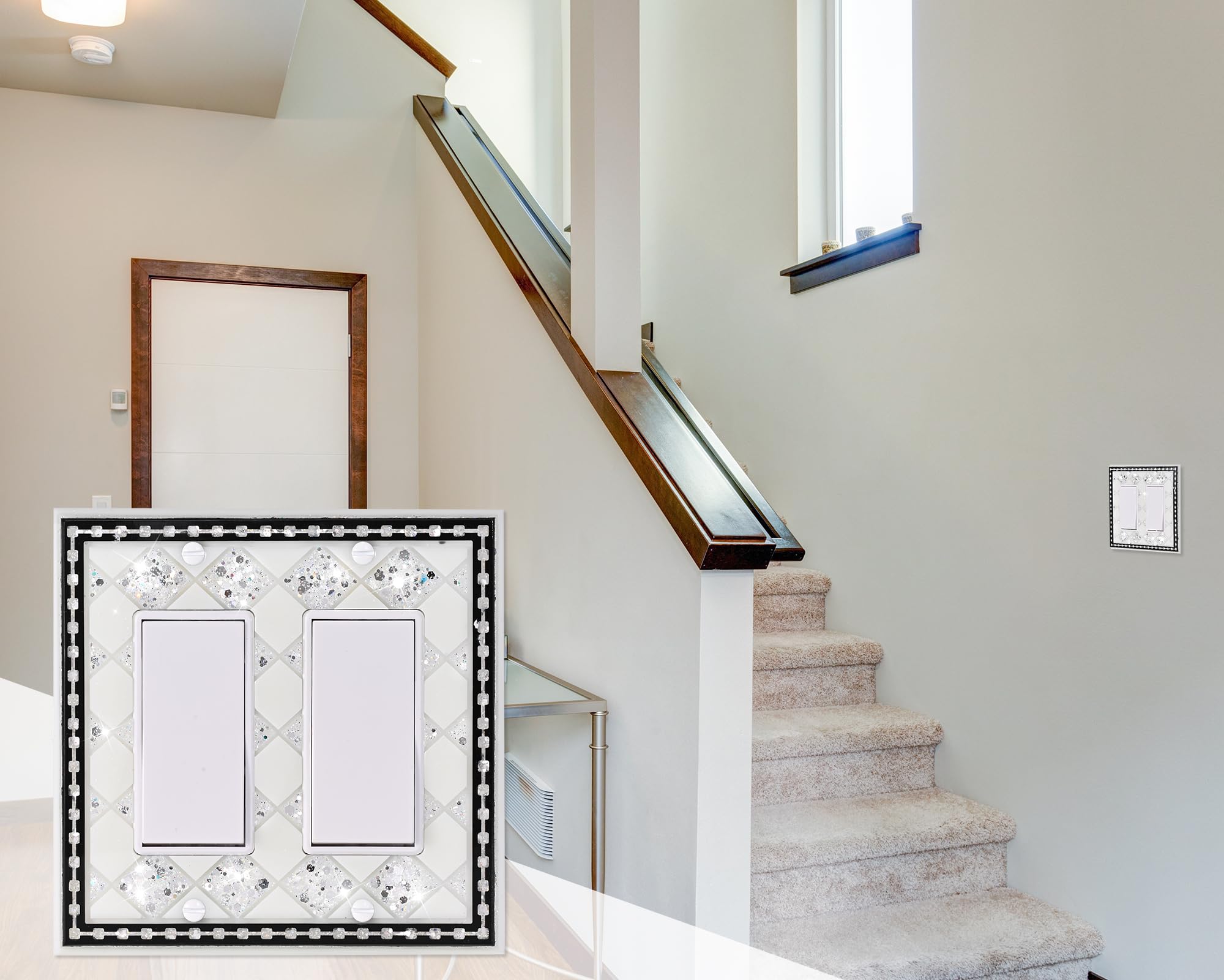 Silver Bling Rhinestones Double Rocker Switch Light Switch Cover Plates Decor Cute Sparkling Wall Plates for Home Bedroom Kitchen Outlet Covers Decorative (Double Rocker