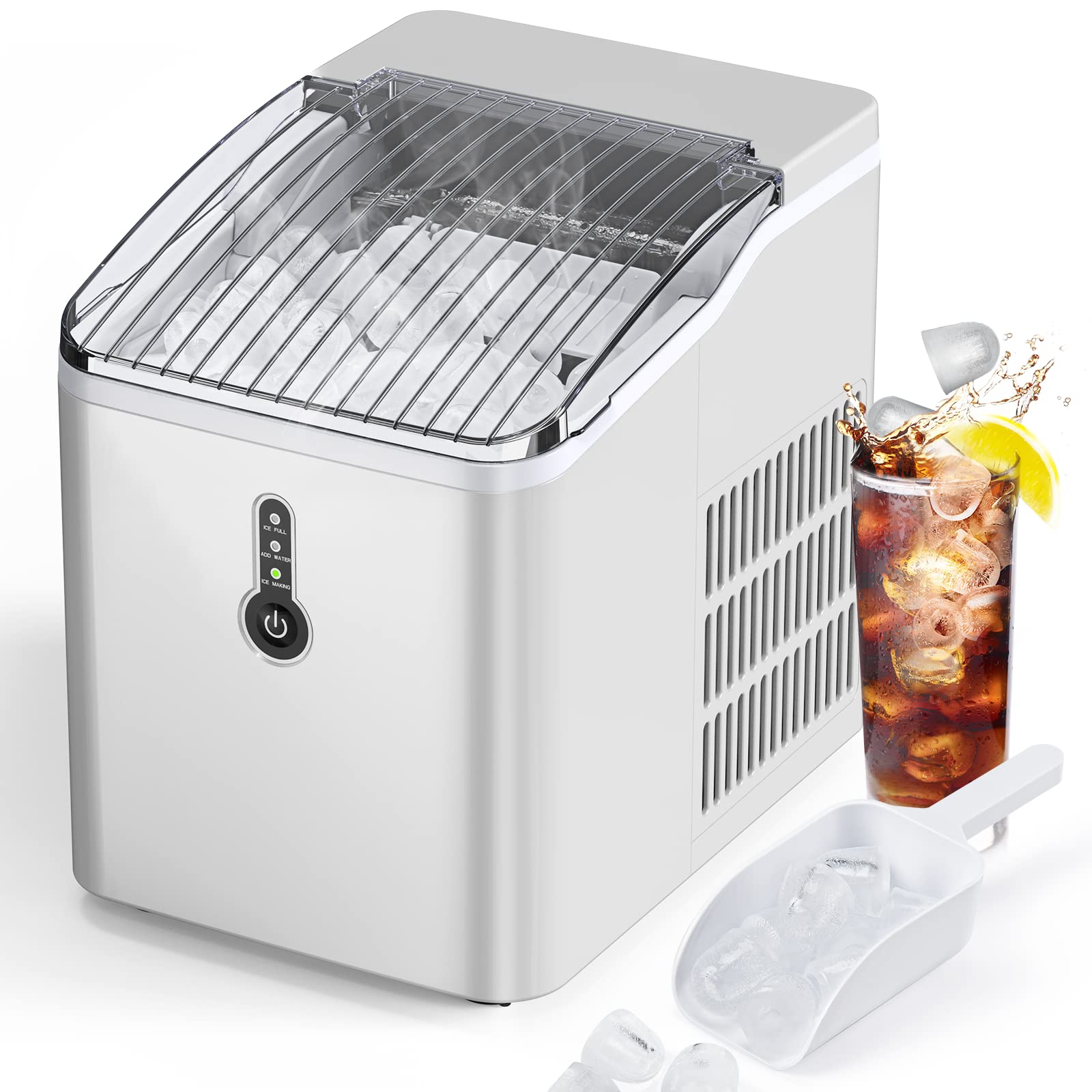 FREE VILLAGE Ice Maker Countertop, Portable Ice Maker with Self-Cleaning, 26 lb/24h, 9 Cubes in 6-8 Mins, Bullet Shape, Compact Ice Cube Maker with Ice Scoop/Basket, for Home/RV/Office/Bar, Silver