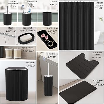 Black Bathroom Accessories Set Complete with Shower Curtain and Rug