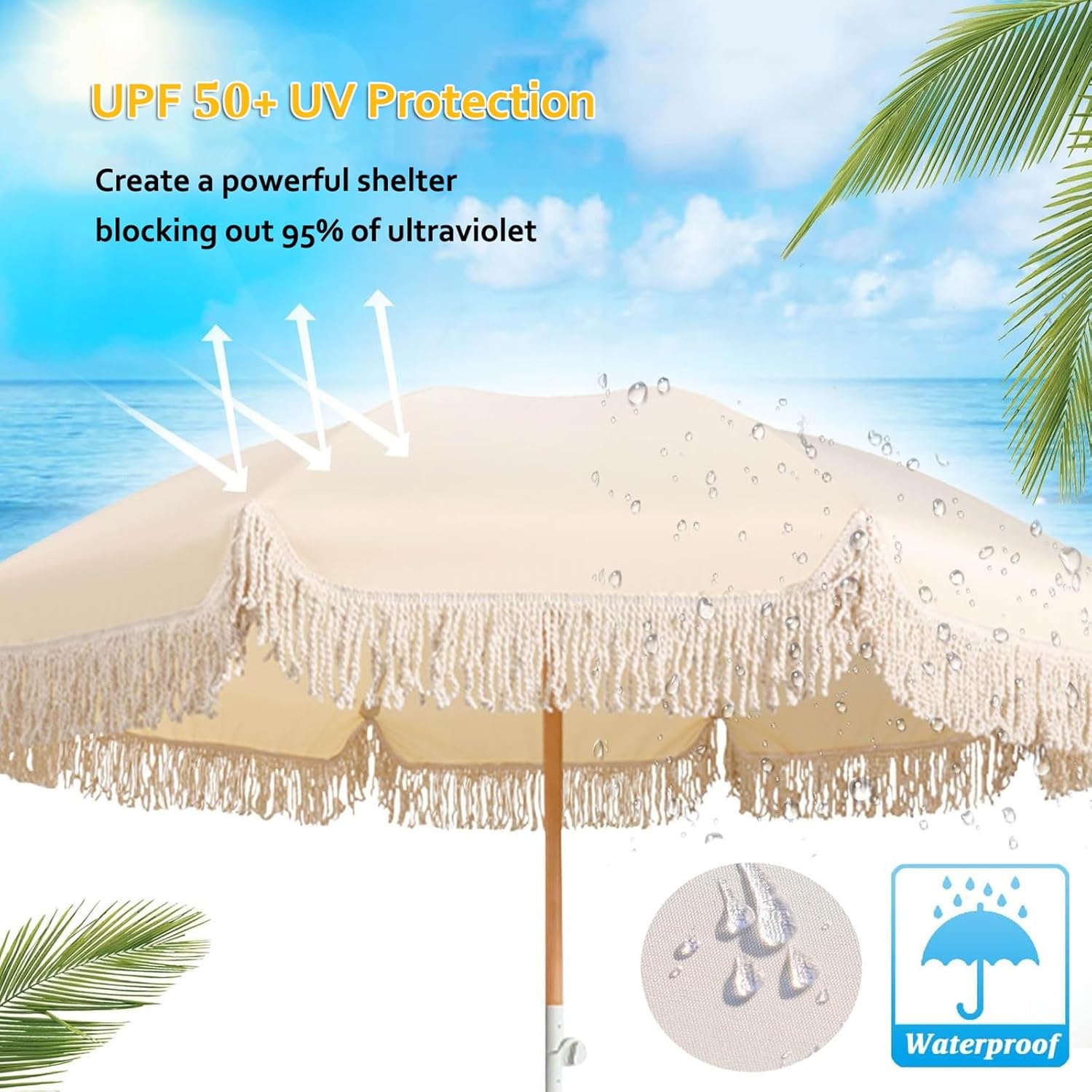 6.5FT Fringe Patio Parasol 8 Ribs Outdoor Beach Tassel Umbrella With Tilt & Carry Bag Yard Picnic Garden Lawn Deck Wedding Pool Party