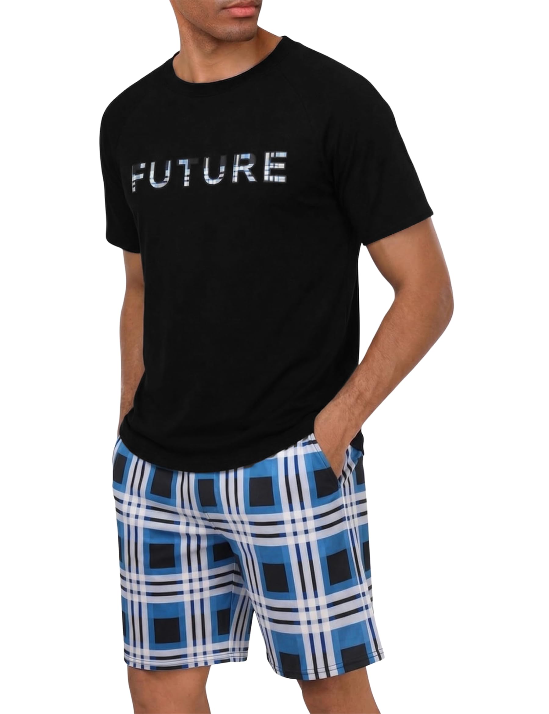 Marvmys Schlafanzug Herren Kurz Sommer Pyjama Set aus Atmungsaktiver Baumwolle Zweiteiliger Kurzer Nachtwäsche Männer Kurzarm T-Shirt und Kurze Hose mit Taschen Loungewear S-3XL