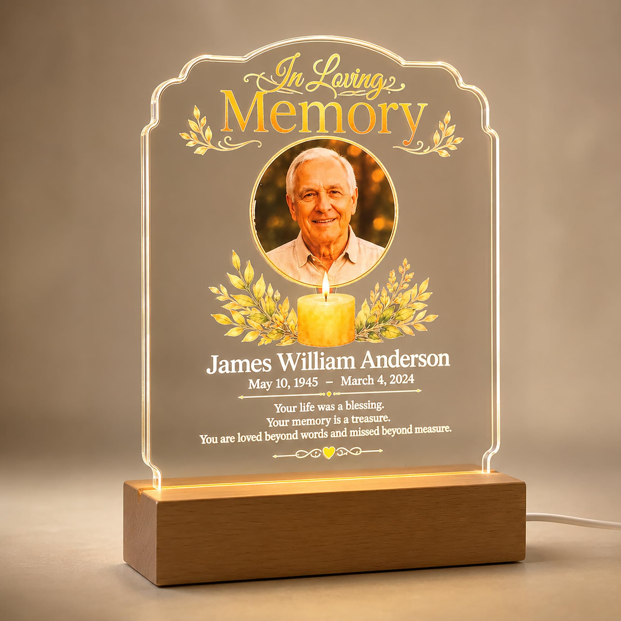 Personalised Photo Memorial LED Night Light with Wooden Base (Elegant Arch)