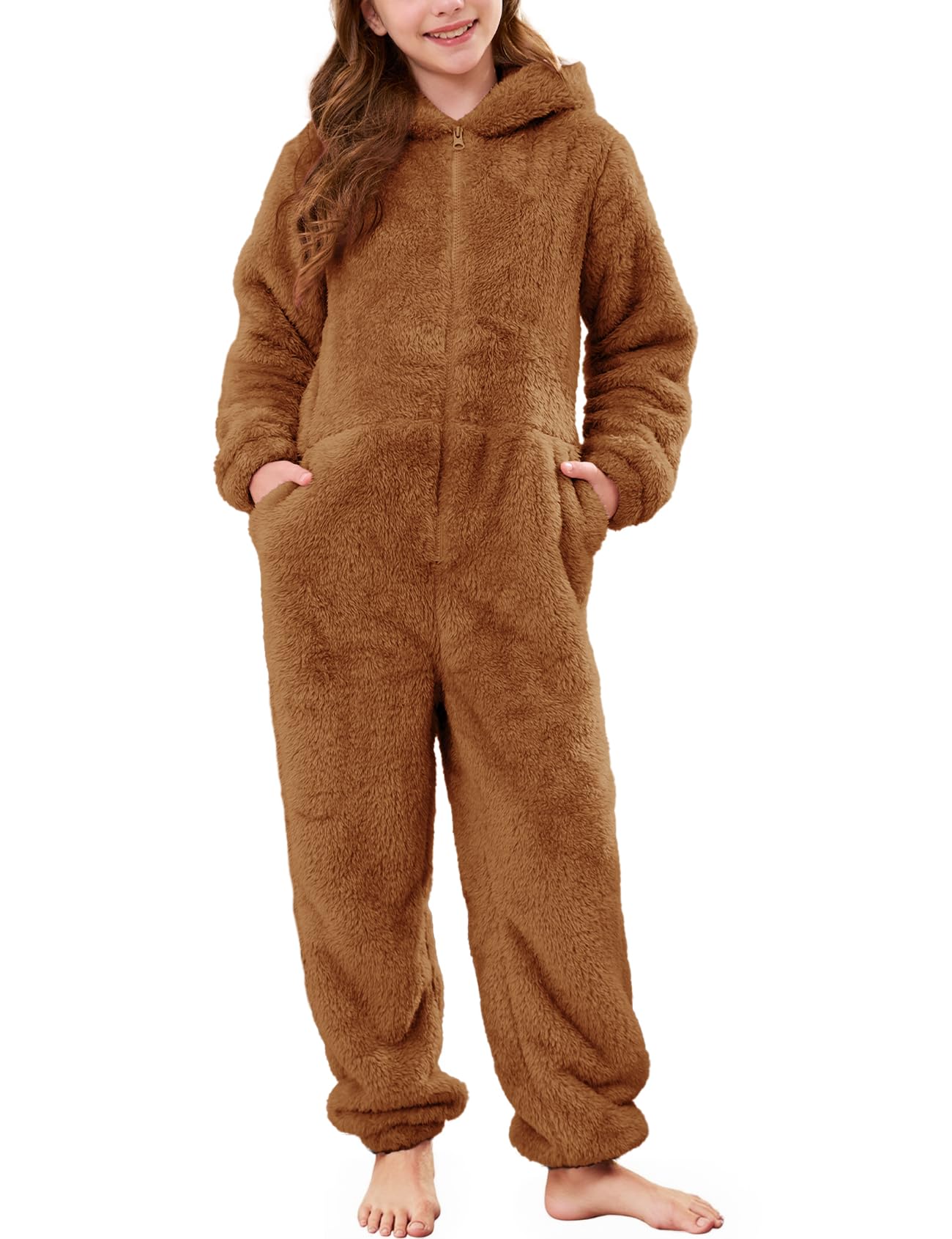 Flygo Girls Fleece Hooded Jumpsuit Fuzzy Winter Onesie Romper Costume