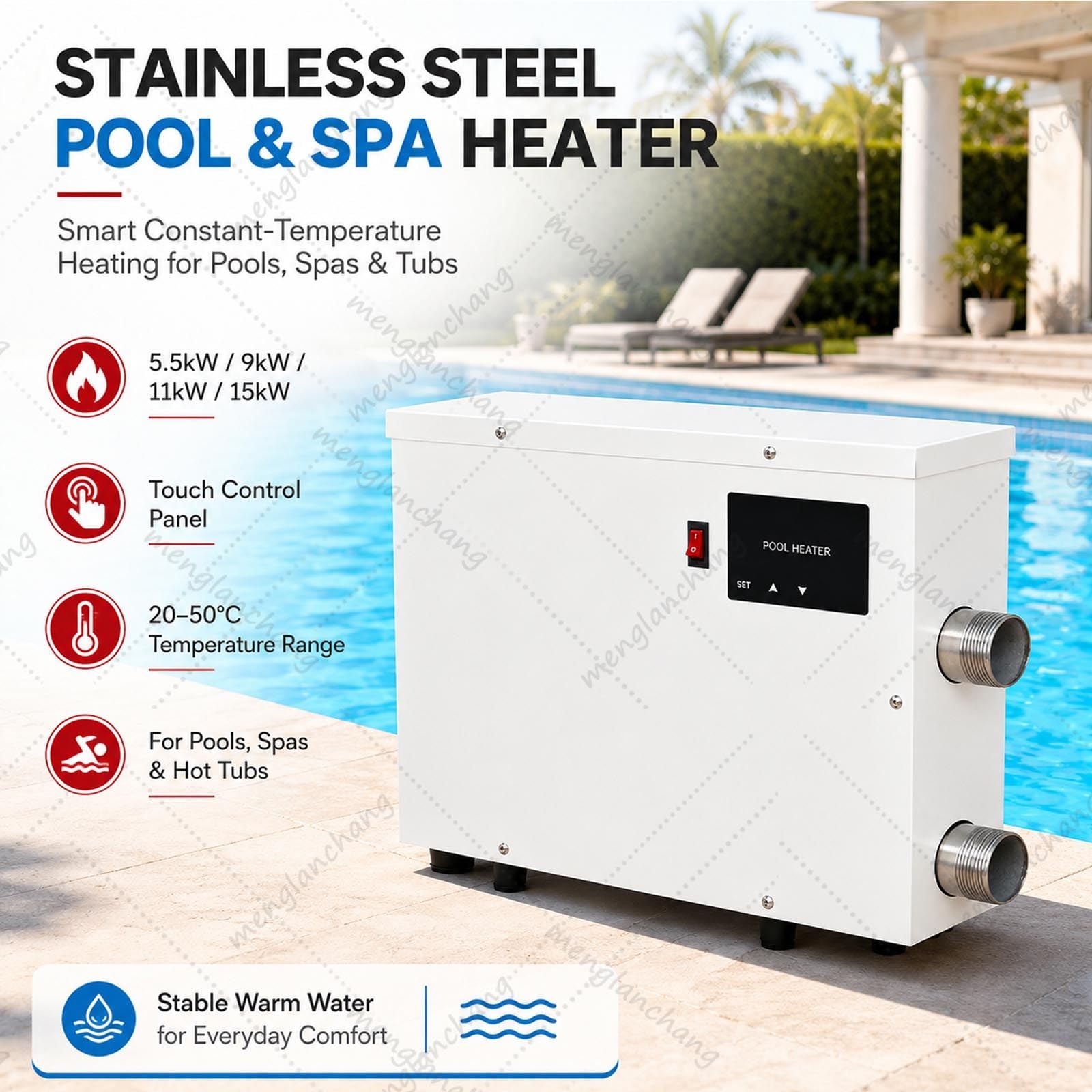 Riscaldatore elettrico per piscina da 5,5/9/11/15 kW con display digitale touch e termostato, riscaldamento automatico per piscina fuori terra, spa, vasca idromassaggio, 220 V/380 V