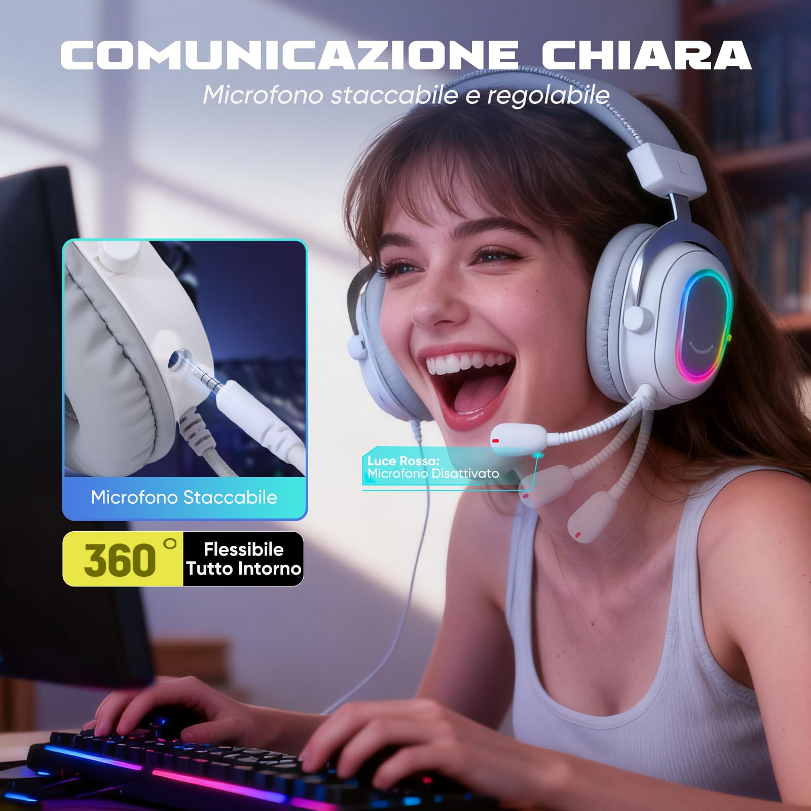 FIFINE Cuffie Gaming PC 7.1 Surround, Cuffie con Microfono per PS4 PS5, Cuffie con Filo con 3 modalità EQ, Auricolare con RGB e cuscinetti auricolari morbidi