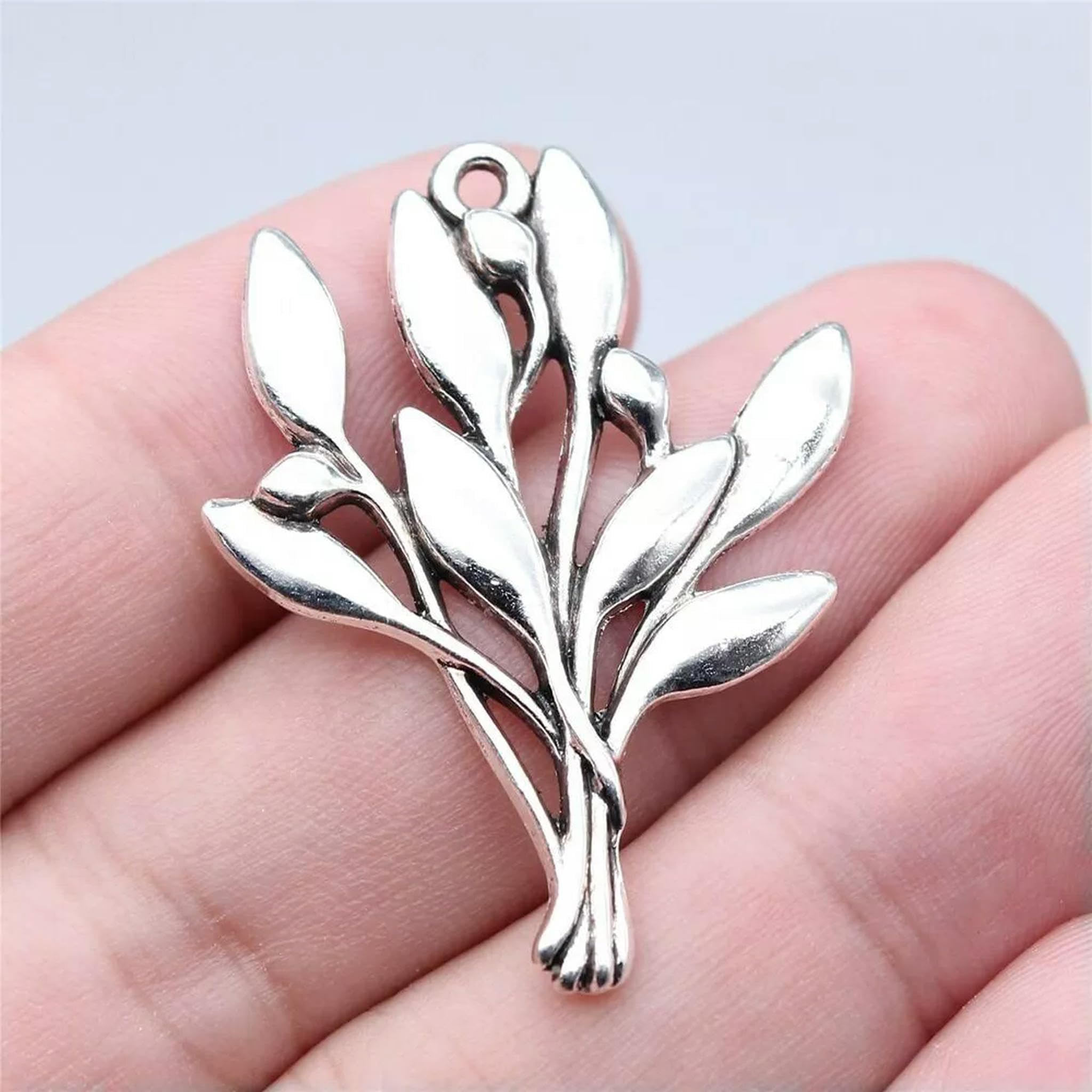 60 Pezzi Ciondolo in Argento Antico a Forma di Ramo d'ulivo 40x30 mm B16878