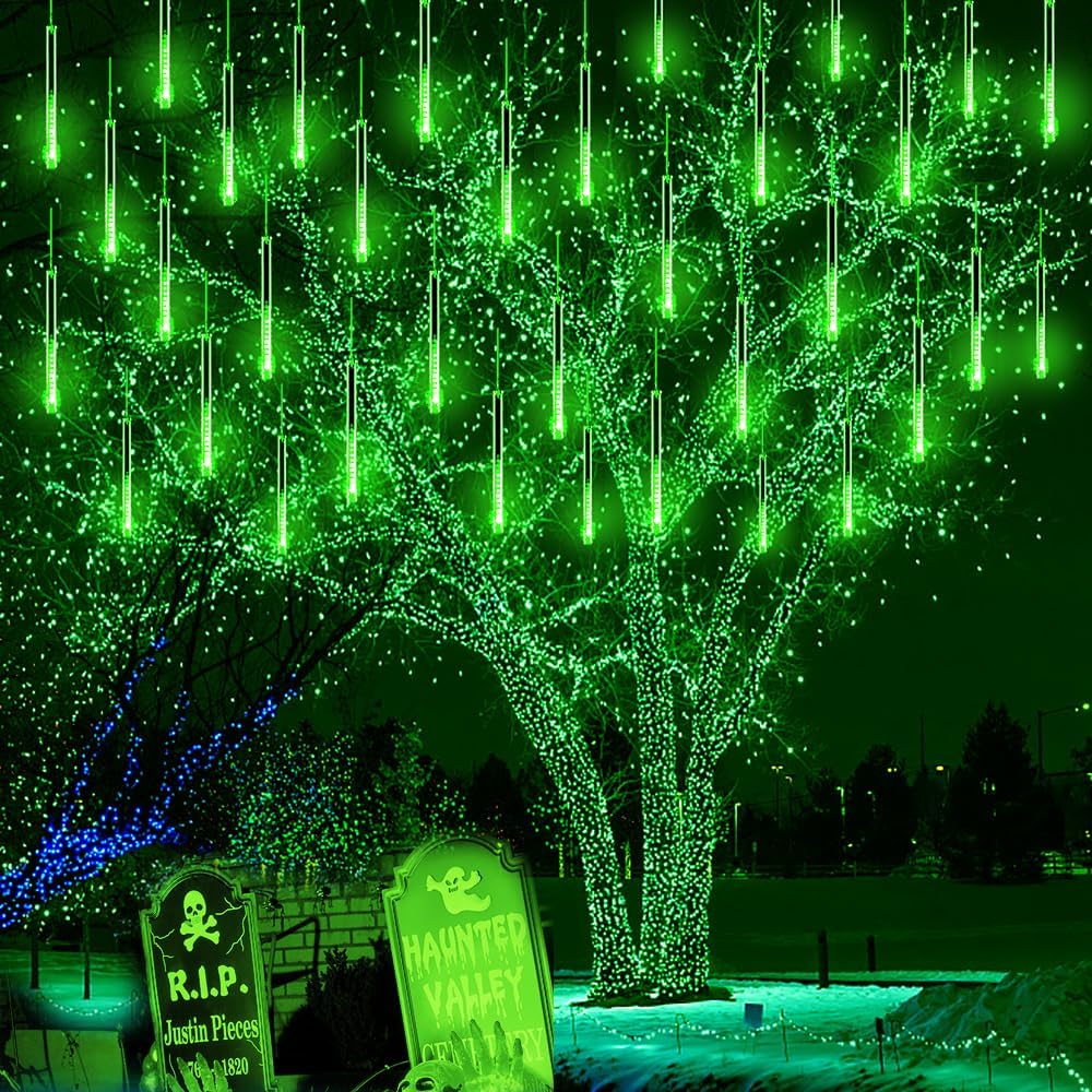 Kwaiffeo Halloween Lights Outdoor, Meteor Shower Lights for Xmas Halloween Decorations Outdoor Party St. Patrick’s Day, UL Plug, Green