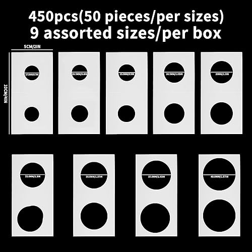 Miniatura 2 de 450 piezas de monedas en 9 tamaños de cartón, bolsillos de 2 x 2 pulgadas, suministros para colección de monedas, álbum de exhibición, libro de