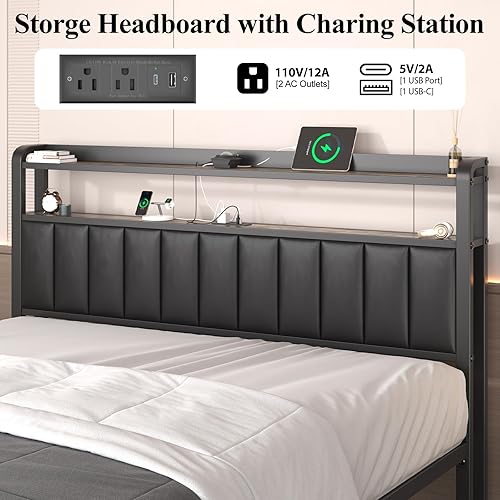 Miniatura 3 de Estructura de cama de tamaño completo con cabecera y proyector de estrellas, estructura de cama tapizada en metal con estación de carga, estructura