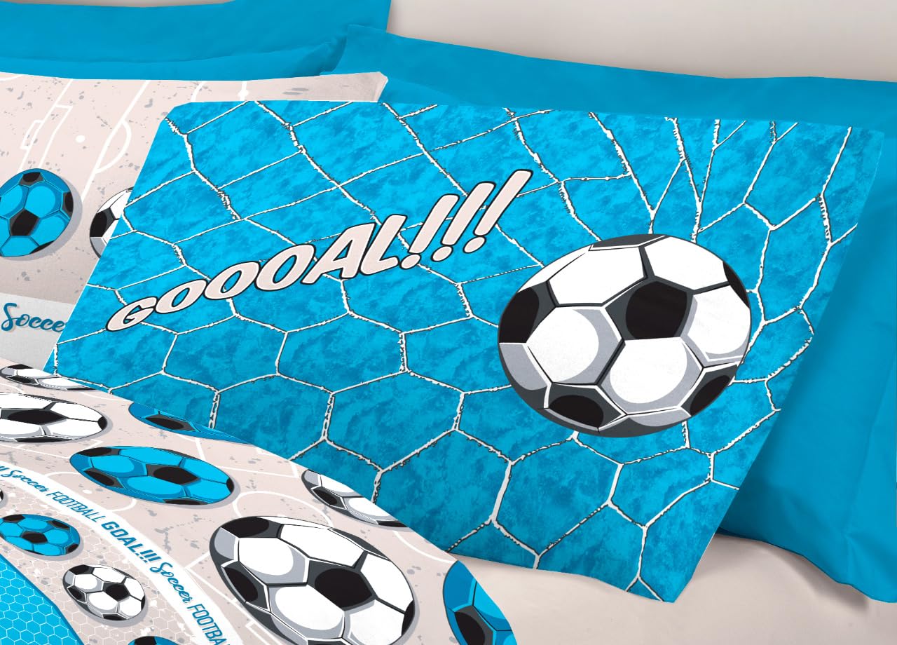 BIANCHERIAWEB Completo Lenzuola Linea Pensieri Delicati 100% Cotone Disegno Calcio Piazza E Mezza Azzurro