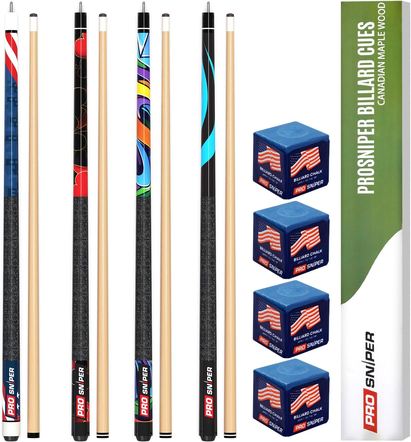 ProSniper Pool Cues | Set of 4 Pool Cue Sticks Made Canadian Maple Wood | Extra 4 Pool Chalk Included | Unique Design and Durable Cue Stick for Professional Billiard Players