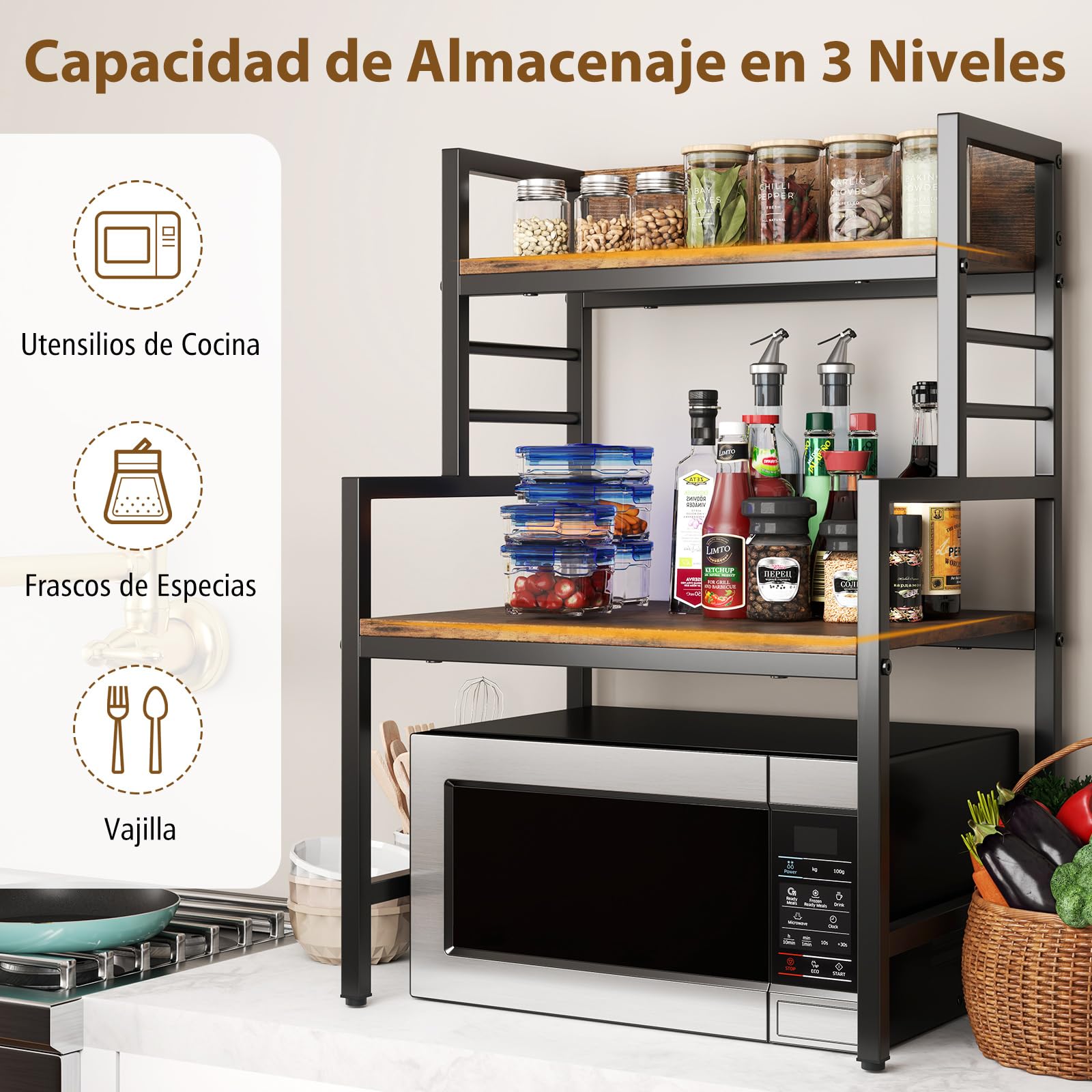 GIANTEX Especiero para Cocina 2 Niveles, Estantería de Especias en Forma de Escalera, 52 x 42 x 78 cm, con Kit Antivuelco y Patas Ajustable, Organizador de Especias para Cocina, Comedor