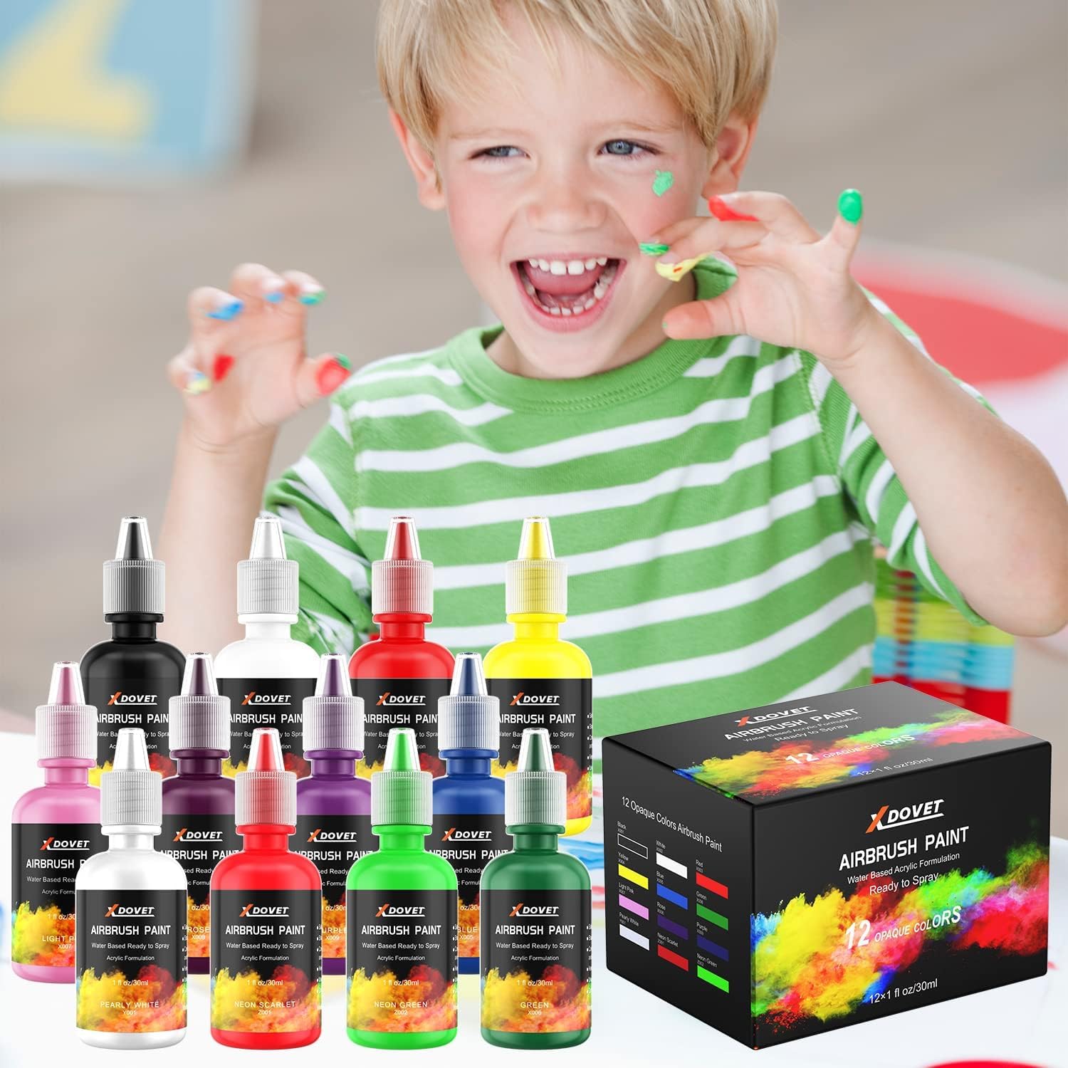 XDOVET Verbessertes 32 PSI Airbrush Set mit Farblack 12 Farben/ 30ml, Dual-Action Airbrush Set mit Modellbau Farbstoffe, Tragbares Airbrush Set mit Kompressor für Färbung