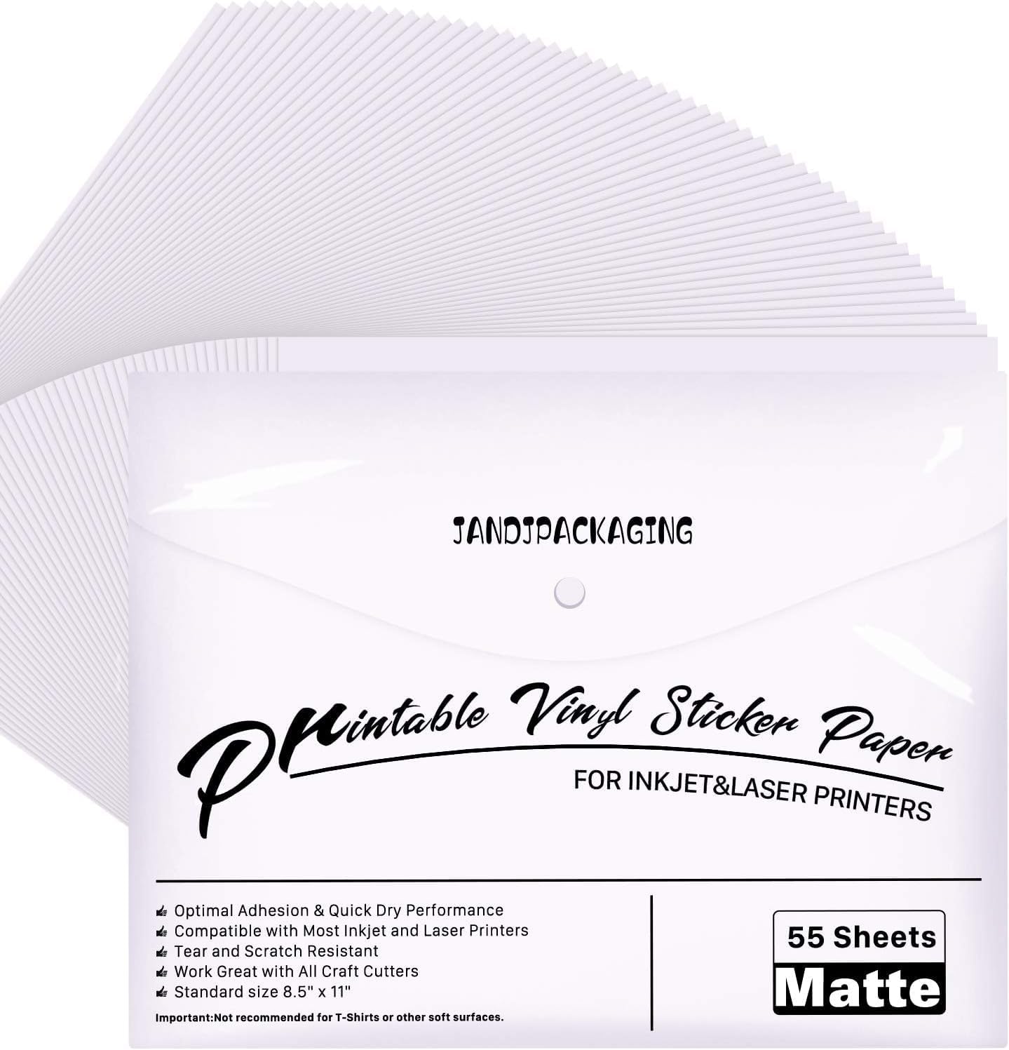 JANDJPACKAGING Printable Vinyl for Inkjet Printer - 55 Pack Matte White Printable Vinyl Sticker Paper Dries Quickly Vivid Colors, Holds Ink Well, Tear Resistant, Inkjet & Laser Printer