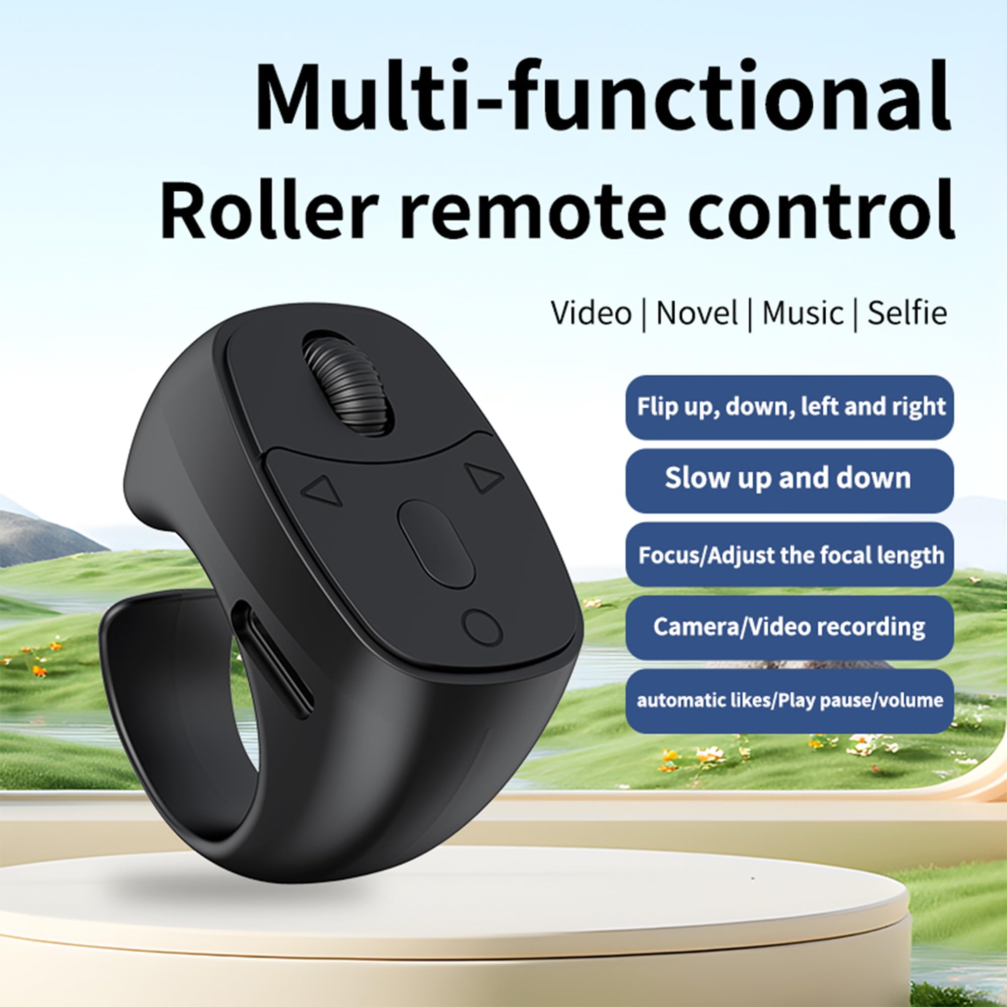 Anillo de desplazamiento remoto para video, control remoto de cámara Bluetooth, anillo inalámbrico para iPhone, Android, manos libres, grabación de video y control remoto de música