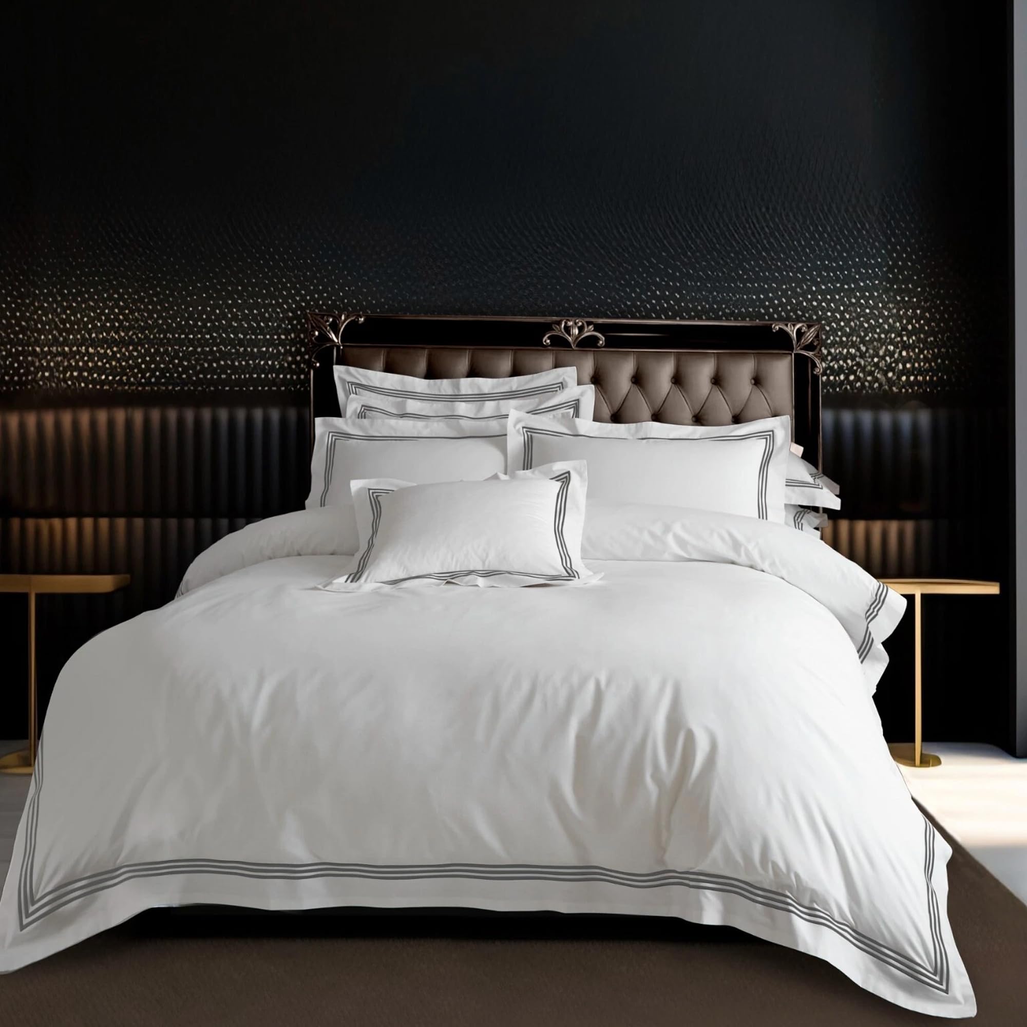 Lions White/Charcoal King Size Duvet Cover Sets - Soft Luxury Poly Cotton Embroidered Bedding With 2 Matching Pillowcases, Hotel Quality Quilt Covers, 230X220cm