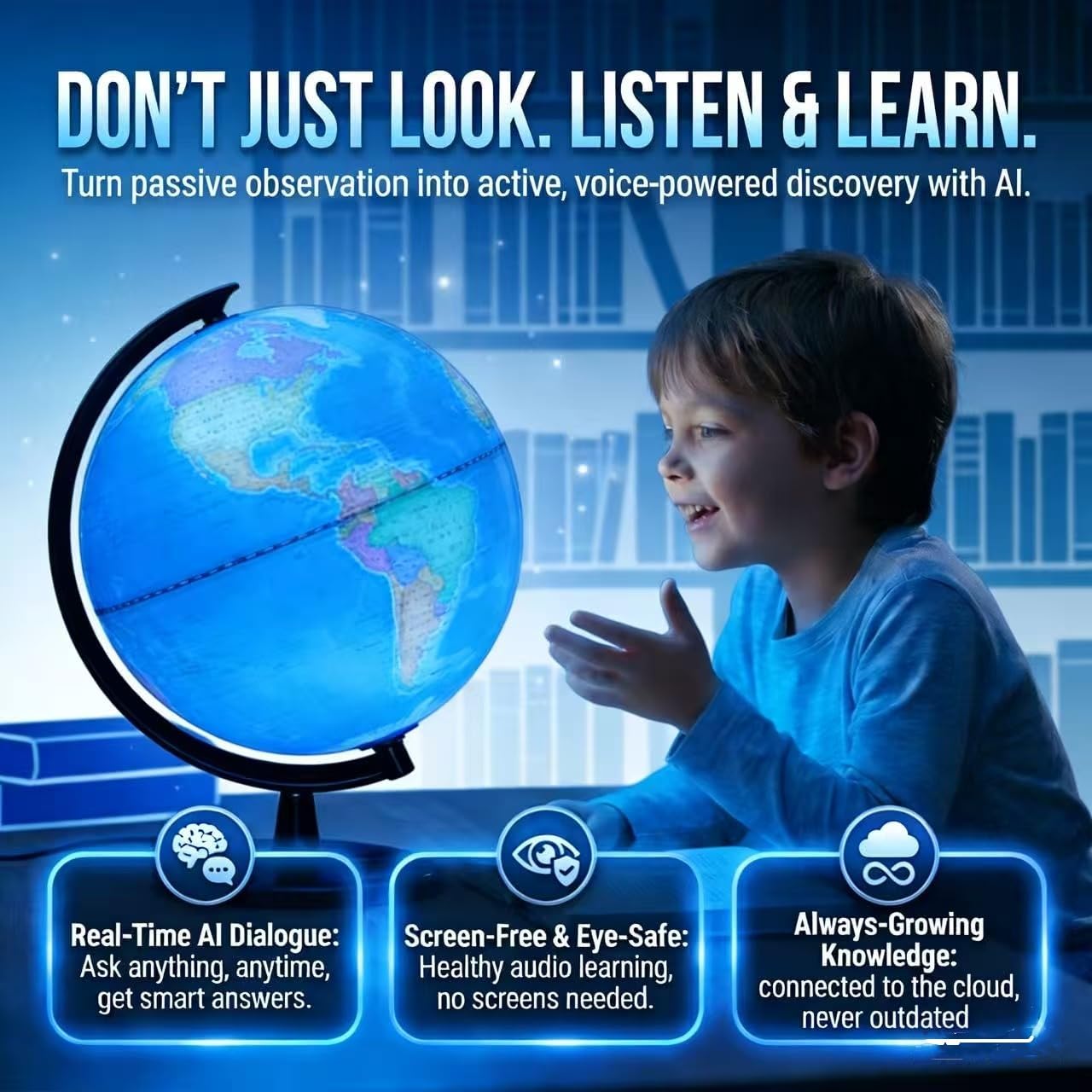 Illuminated Smart World Talking Globe with Stand, Interactive 10" Children's Asking Globe with AI Function and Geographic Quiz Questions, Touch & Learn, Music, and More - Educational product for Kids Classroom Learning