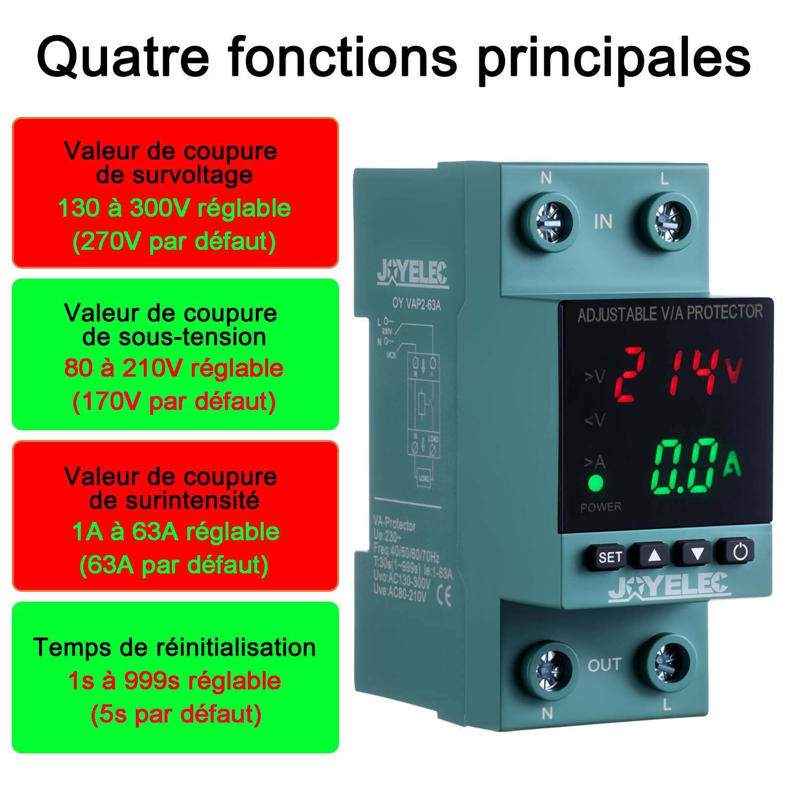 Protector de sobretensión y subtensión, estabilizador de voltaje, dispositivo de protección contra sobretensiones AC230V, relé de reinicio ajustable, voltímetro 63A, protección