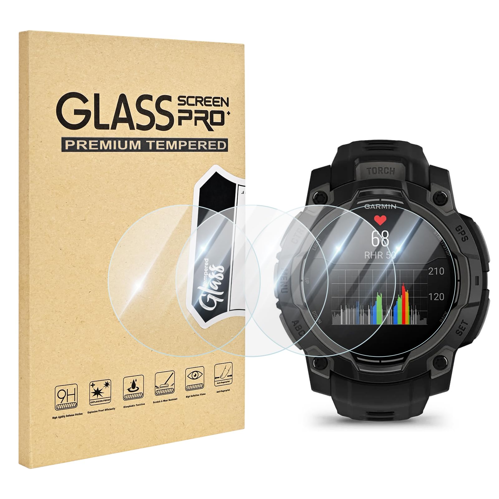 EasEasy 4 Pack Compatible for Garmin Instinct 3 Screen Protector 50mm Clear, Ultra-thin 9H Tempered Glass Watch Protective Film with 2.5D Edge