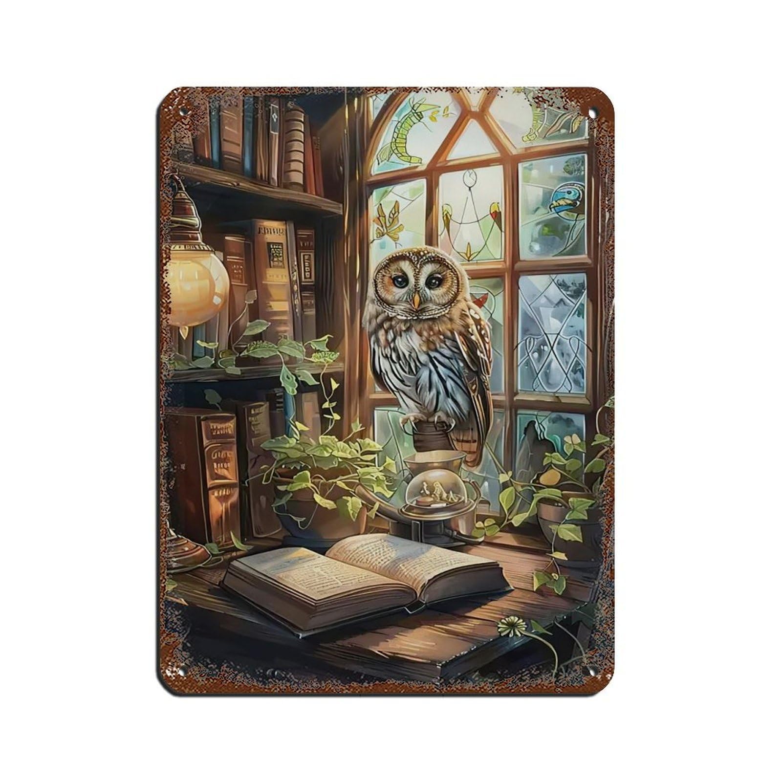 Vintage Owl And Books Painting Poster Tin Sign Vintage Metal Pub Club Cafe Bar Home Wall Art Decoration Poster Retro 12x16inch(30x40cm)