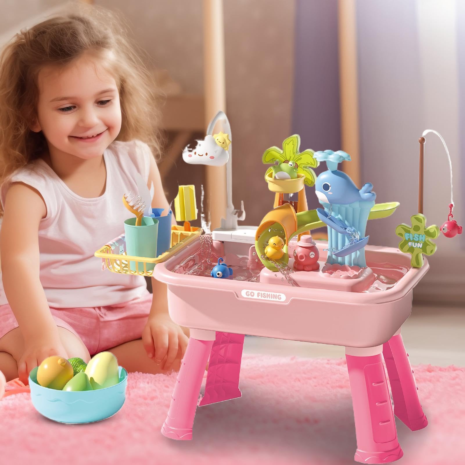 Kinder Wasser Spieltisch Sand und Wasser Spielzeug Set | Lernspielzeug Kombi-Spielzeug mit automatischem Wasserhahn für Kinder Garten Geburtstag Mädchen