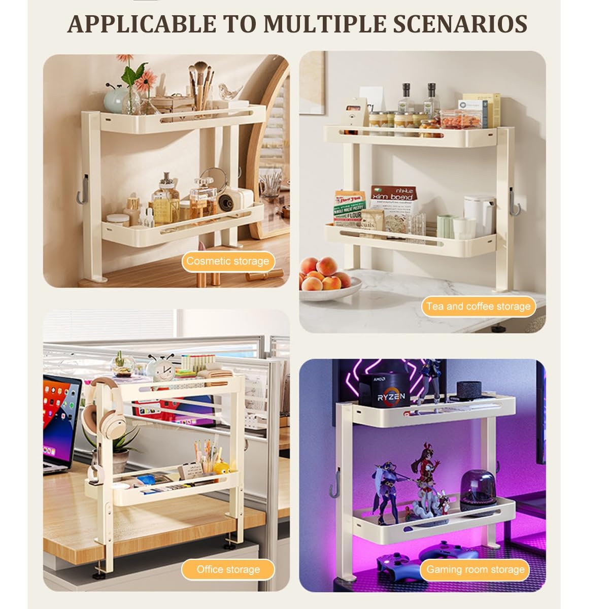 Klemmbares Schreibtischregal Organizer, 2-stufiges Büro Desktop Bücherregal, Metall Aufsatzregal Platzsparend, Ablageregal für Zuhause, Wohnheim und Bürobedarf(White,L46cm/18in)