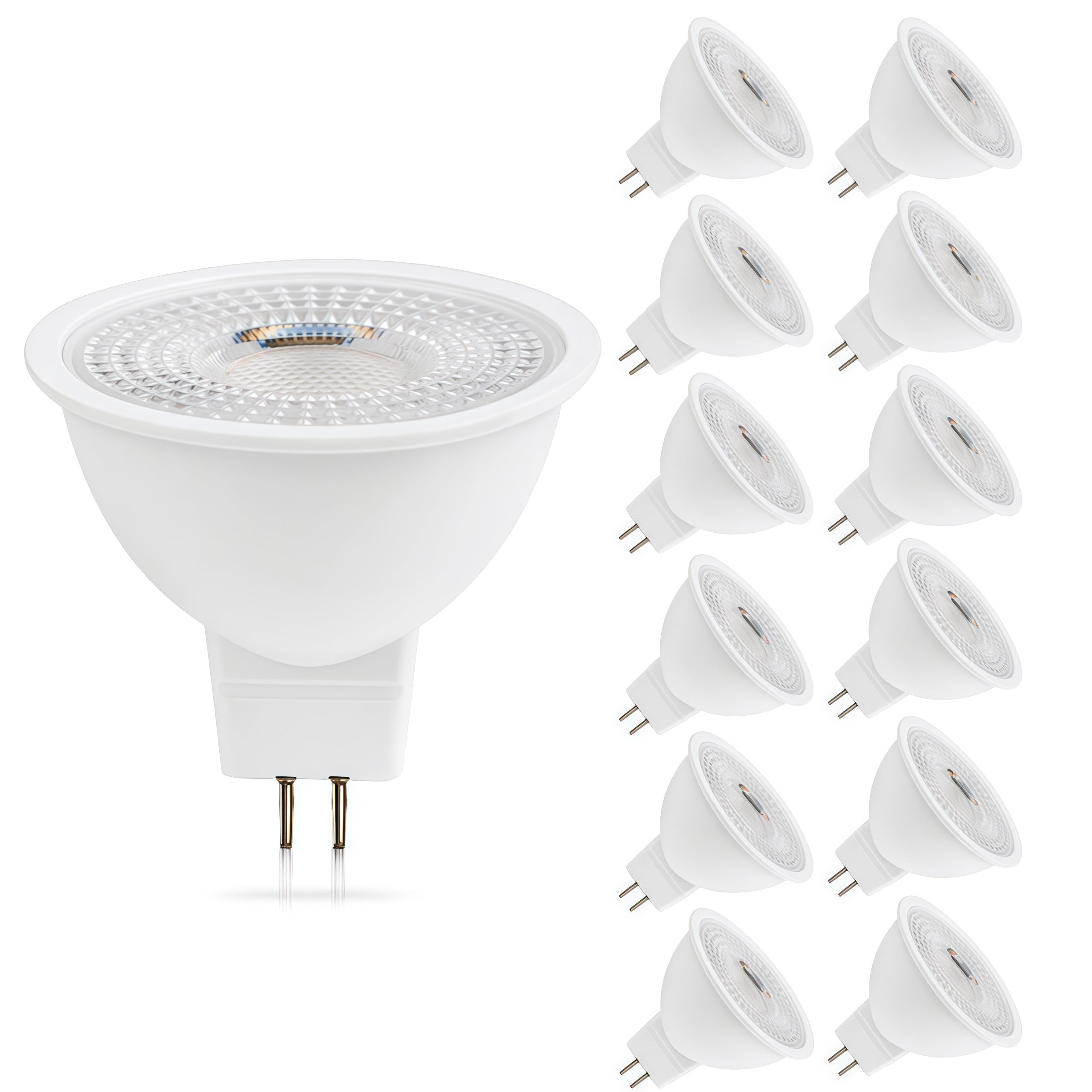Bombilla LED MR16 equivalente a halógeno de 50 W, 3000 K blanco cálido, 5 W MR16 GU5.3 12-36 V CA y CC, ángulo de haz de 38° para paisaje, no regulable, paquete de 12 unidades.