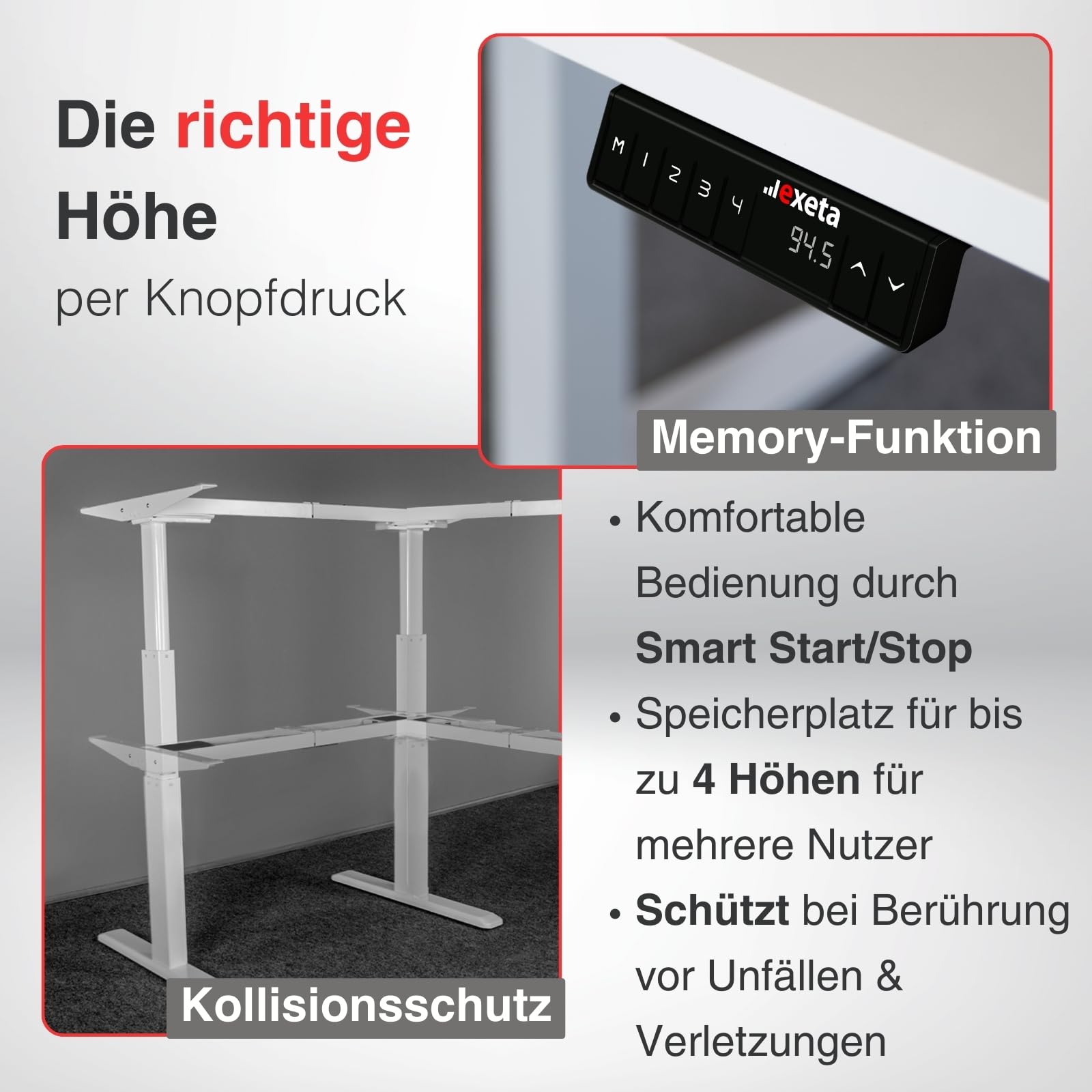 ergoECK höhenverstellbarer Eckschreibtisch Gestell - System TÜV Rheinland Zertifiziert - 3 Motoren, 3 Beine/3-Fach-Teleskop, Memory-Funkt. Softstart/-stopp, Tischgestell in schwarz