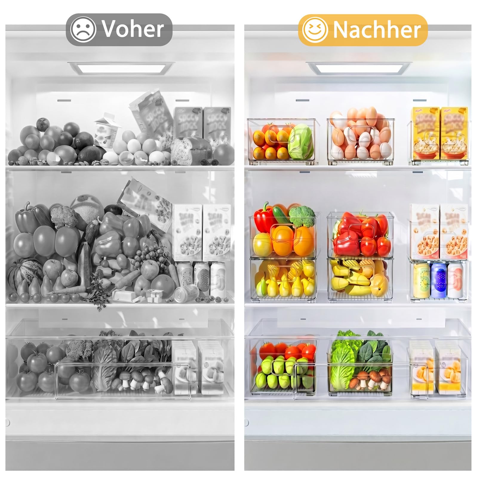 Famhap Kühlschrank Organizer Stapelbar 6 Stück | PET-Material, 3 Größen, Transparent Griffig, Rutschfest & Platzsparend für Küche Speisekammer Bad Büro
