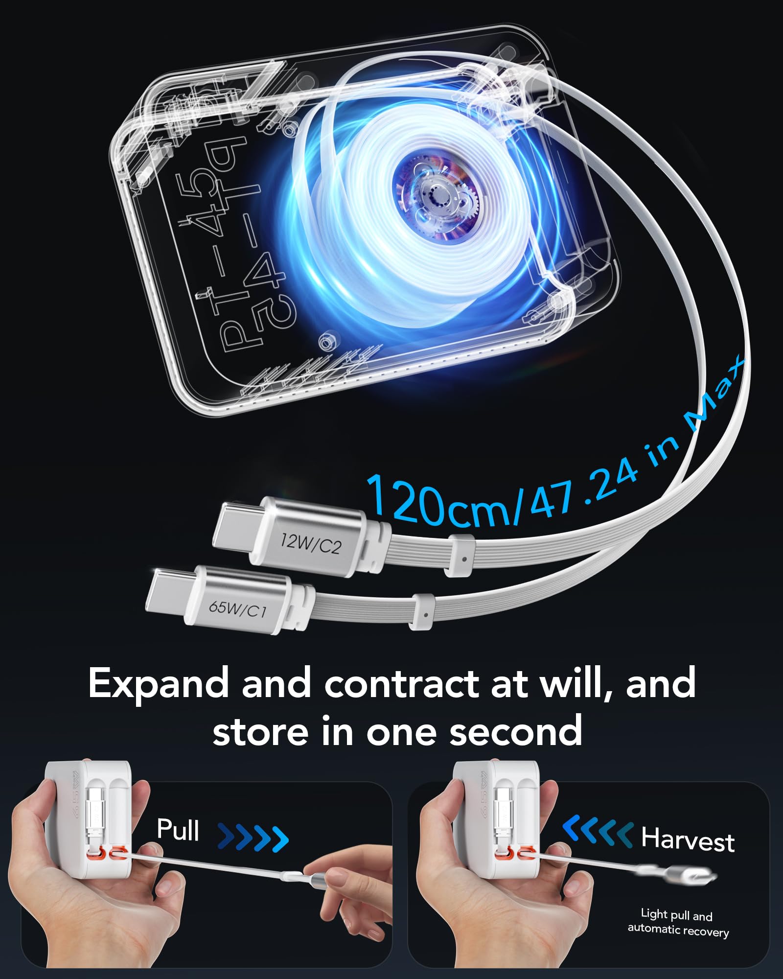 Caricabatterie retrattile 5 in 1 USB C, 65 W, 3 porte, con cavo retrattile, cavo GaN Retratable Charger Dual Type C per MacBook Pro/Air, iPhone 17/16/15, iPad, Galaxy, Pixel