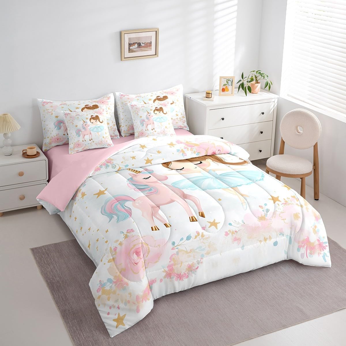 7 Pieces Princess Comforter Set Twin Size, Cute Unicorn and Ballerina Girls Bedding Set for Kids Princess, Watercolor Flower Bed in a Bag with Comforter, Fitted Sheet, Flat Sheet and Pillowcases