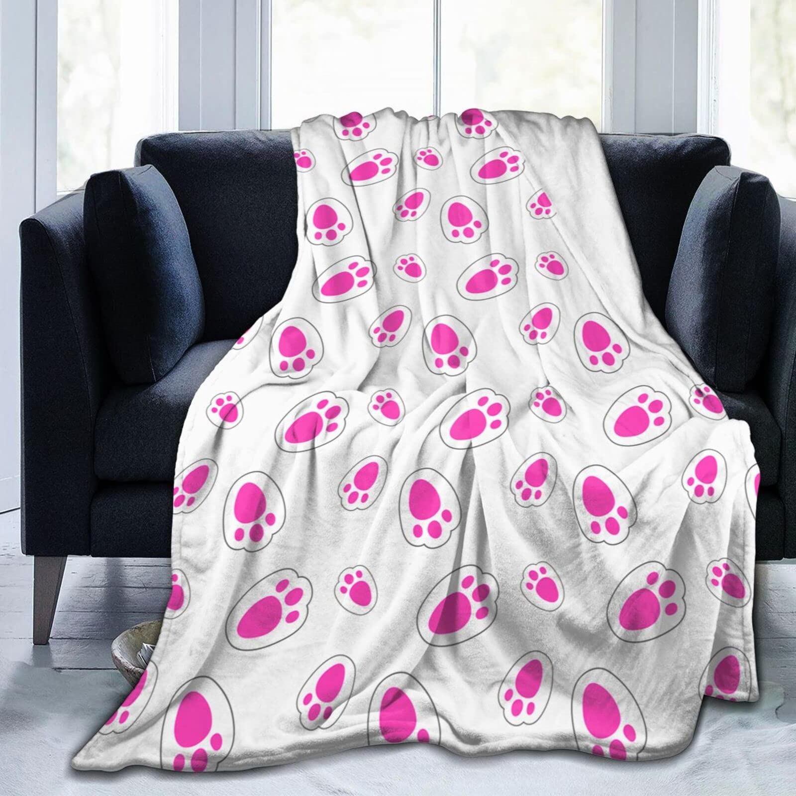 Lsjuee Rabbit Footprints Throw Blanket Warm Cozy Lightweight Blankets Soft Cute Easter Bunny Flannel Blanket for Sofa Couch Bed Office Holiday Decorative 60"X50"