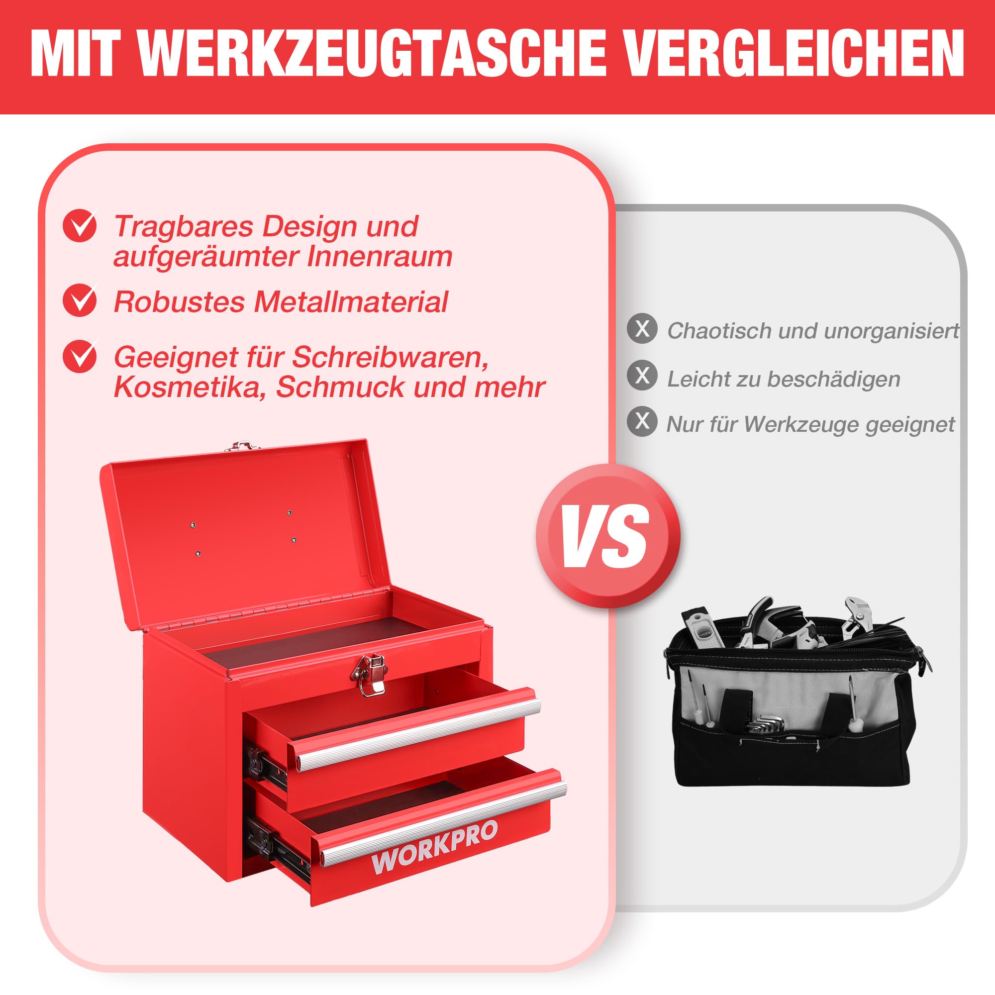 WORKPRO Metall Schubladenbox 2 Schubladen, Rot, Tisch Organizer | Tragbarer Organizer mit Griff und oberem Stauraum, ideal für Büro, Schreibtisch und Werkzeugaufbewahrung