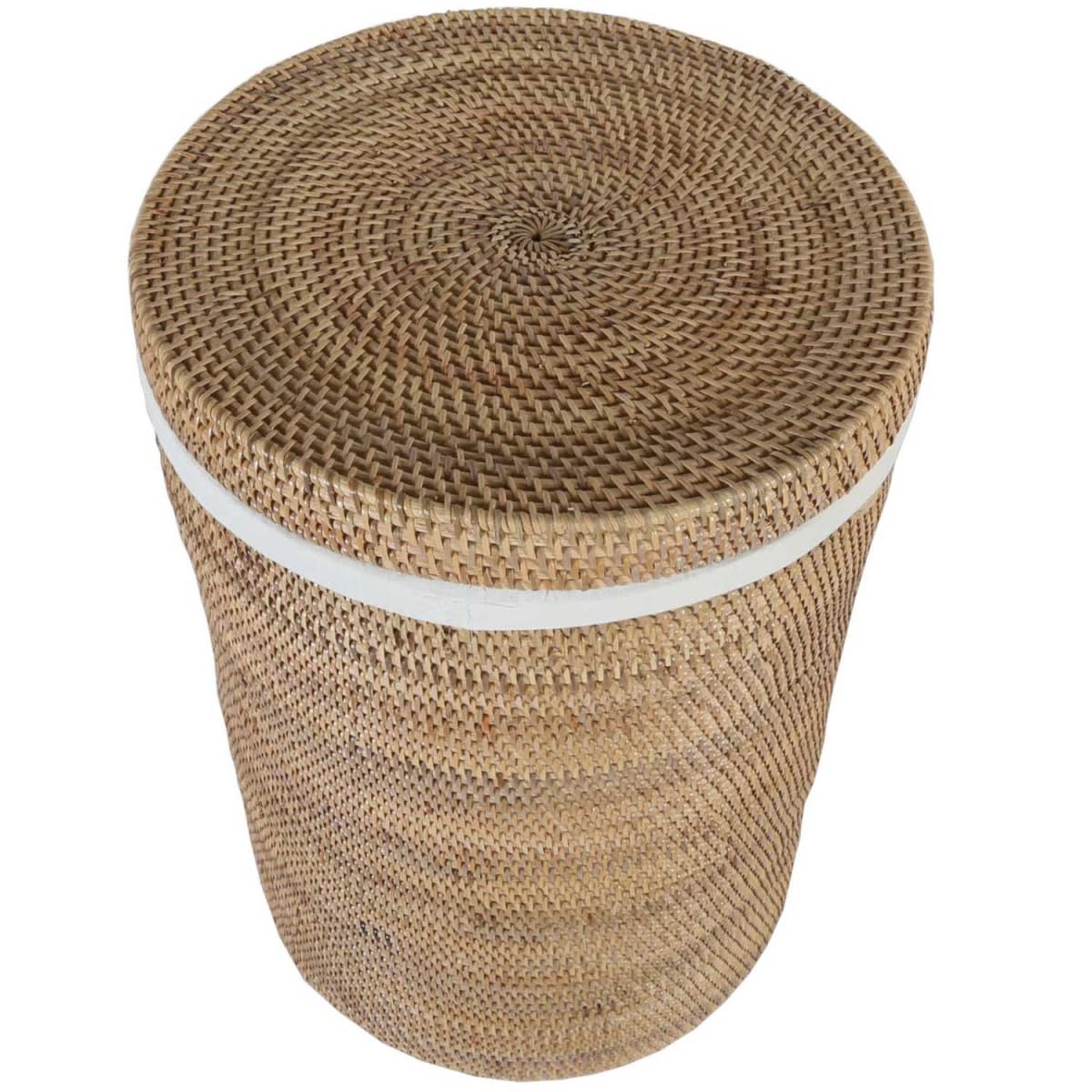 Rattan Wäschekorb CLEO M 30x40cm (DxH) in Natur Beige Braun rund mit Deckel & Innensack | Boho Wäschesammler mit Griff Aufbewahrungskorb rustikal geflochten LOM20031