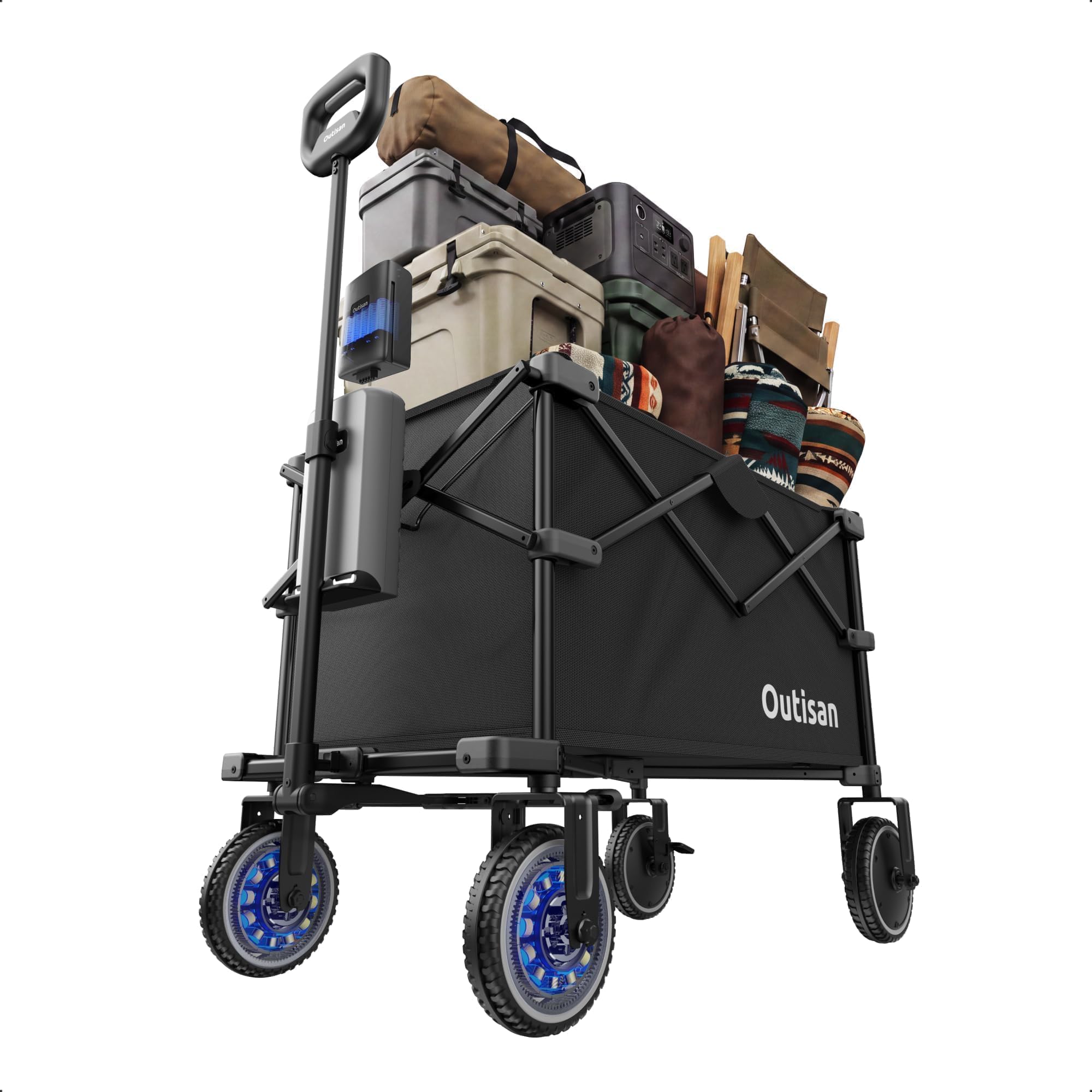 Outisan e-Wagon Lite Electric Wagon Cart, 165 lbs Heavy-Duty Collapsible Utility Wagon with Up to 300L Storage, Dual-Motor Assist, Auto Brake, All-Terrain Wheels for Camping, Garden, Timeless Black