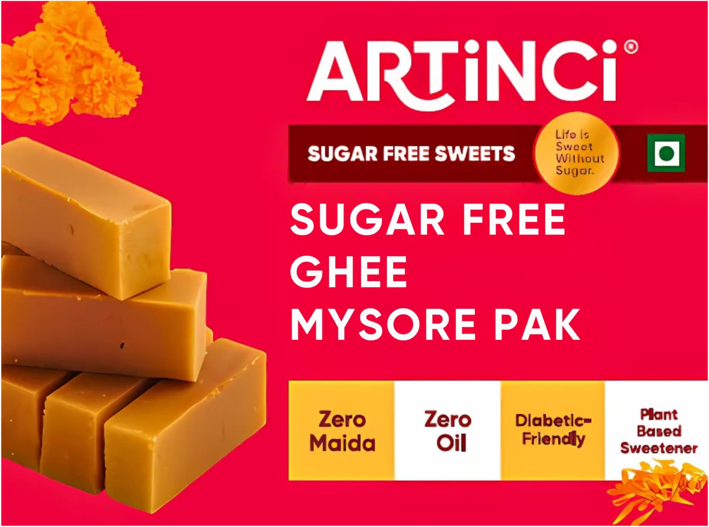 Artinci Sugar Free Ghee Mysore Pak – (Pack of 1 x 160gm), Zero Sugar, Zero Maida, Diabetic Friendly Sweet | Gluten Free | designed by nuritionist | Guilt-Free Festive Mithai