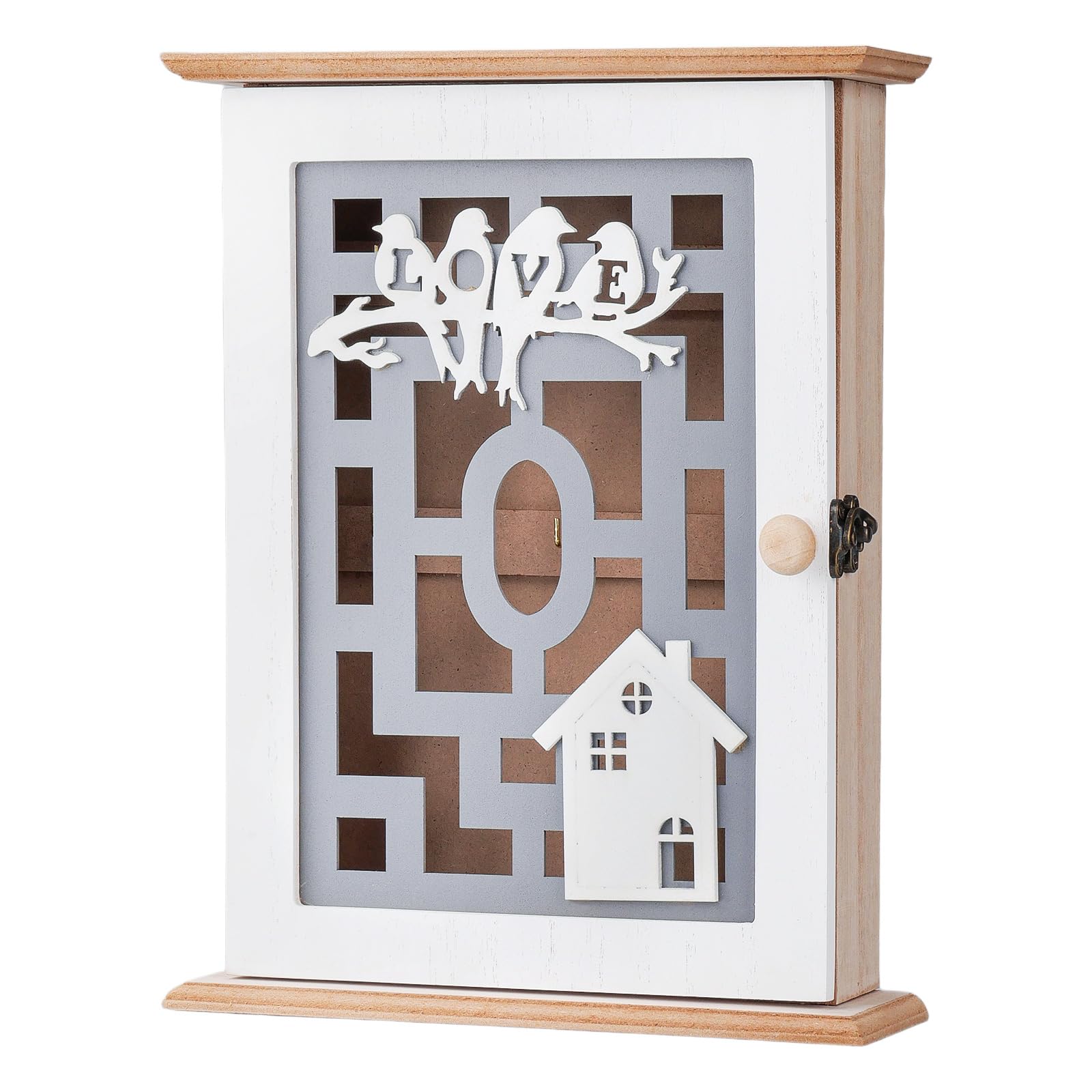 Caja Llaves Pared de Madera Caja Llaves con 6 Ganchos Diseño Hueco Retro Caja de Llaves Madera Decorativa Adecuada para Colocar en Puertas, Garajes, Oficinas(28,5x22x7cm)