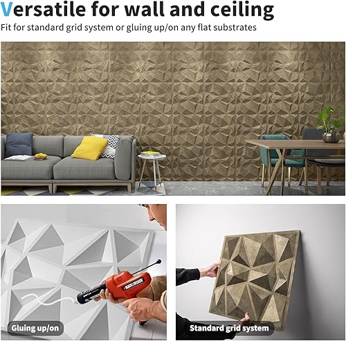 Miniatura 7 de Art3d Textures A10038AC - Paneles de pared 3D con diseño de diamante de cobre antiguo para decoración de pared interior, paquete de 12 azulejos de
