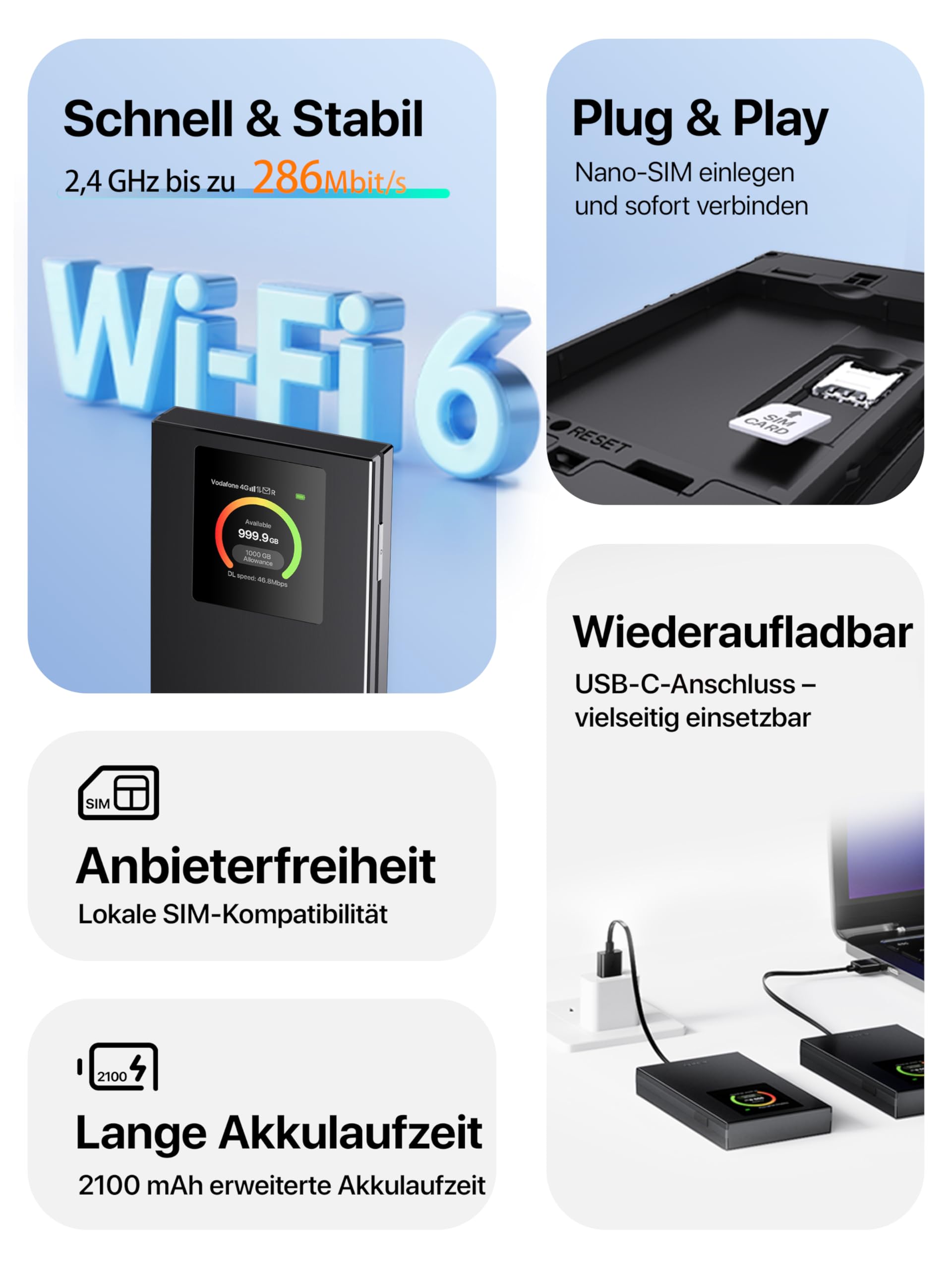 Tenda Mobilny Router Wifi 4G Sim - PrzenośNy Hotspot Mifi, Cat4 Lte 150 Mb/S, AX300 Wi-Fi 6, Akumulator 2100 Mah, Port Usb-C, Wpa3, Kolorowy Ekran, 4g Kompatybilny Z Odblokowaną Kartą Nano Plug | Kieszonkowy hotspot WiFi do podróży, kolorowy wyświetlacz L