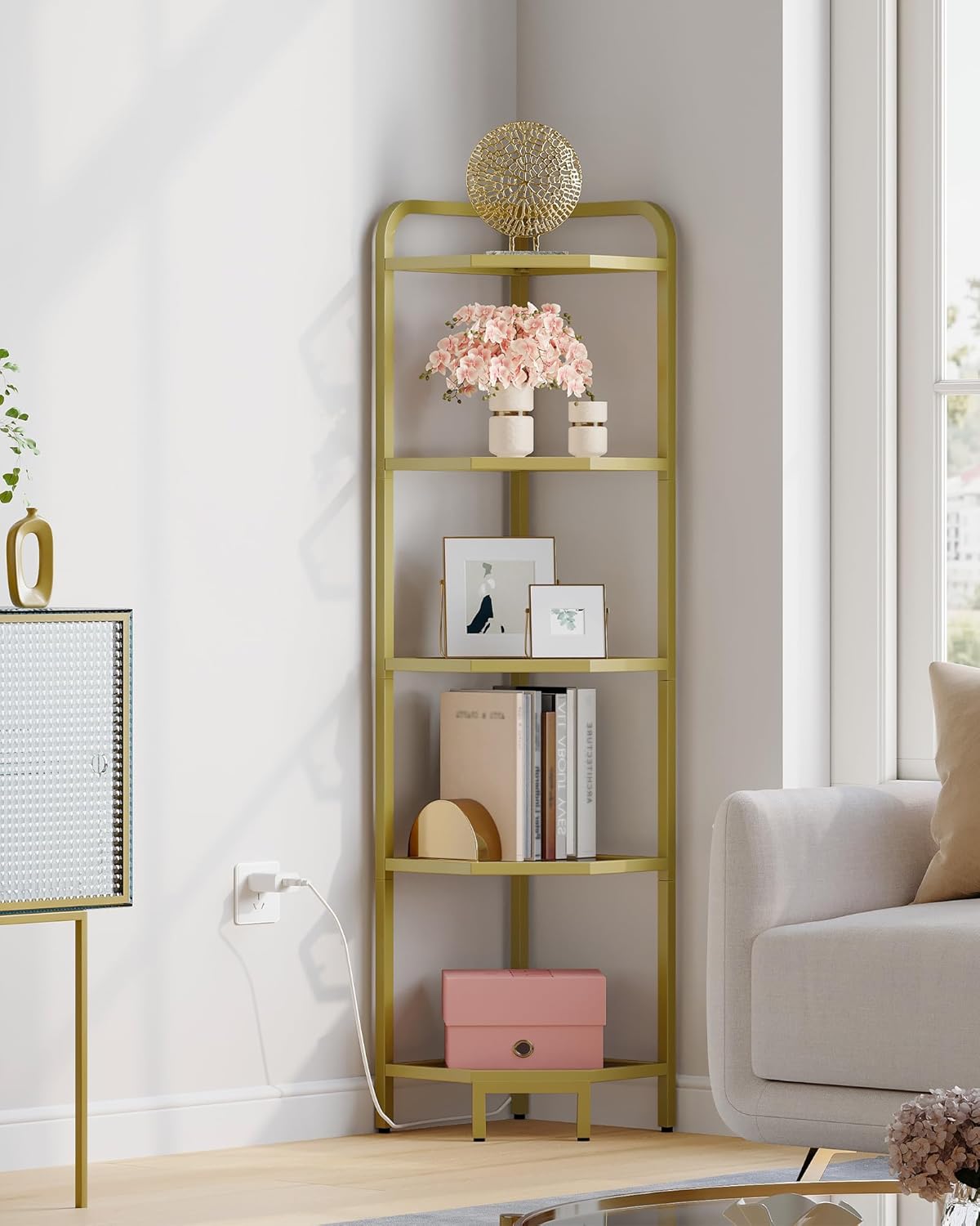 Hzuaneri Corner Shelf with LED Lighting, 5-Tier Glass Bookshelf, Steel Frame, Tempered Glass, Modern Style Corner Shelf, Suitable for Living Room, Bedroom and Game Room, Gold CS09599G