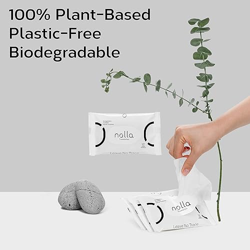 Miniatura 6 de Nolla Toallitas desechables de viaje, 100% a base de plantas, sin plástico y biodegradables, sin perfume, aloe calmante y vitamina E, 120 unidades