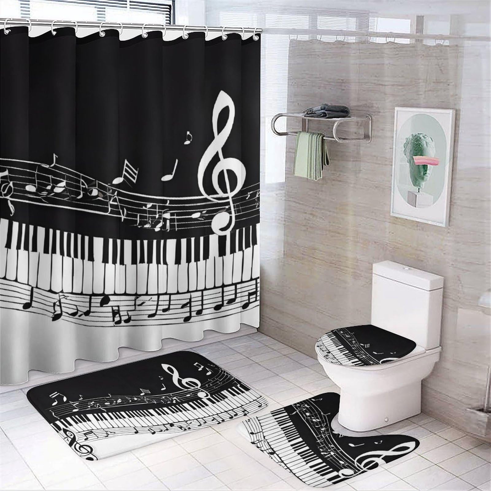 Black White Music Note Print Four Piece Bathroom Set 183 * 183cm Shower Curtain, Non-Slip Floor Mats, U-Shaped Mat, and Toilet Lid Cover