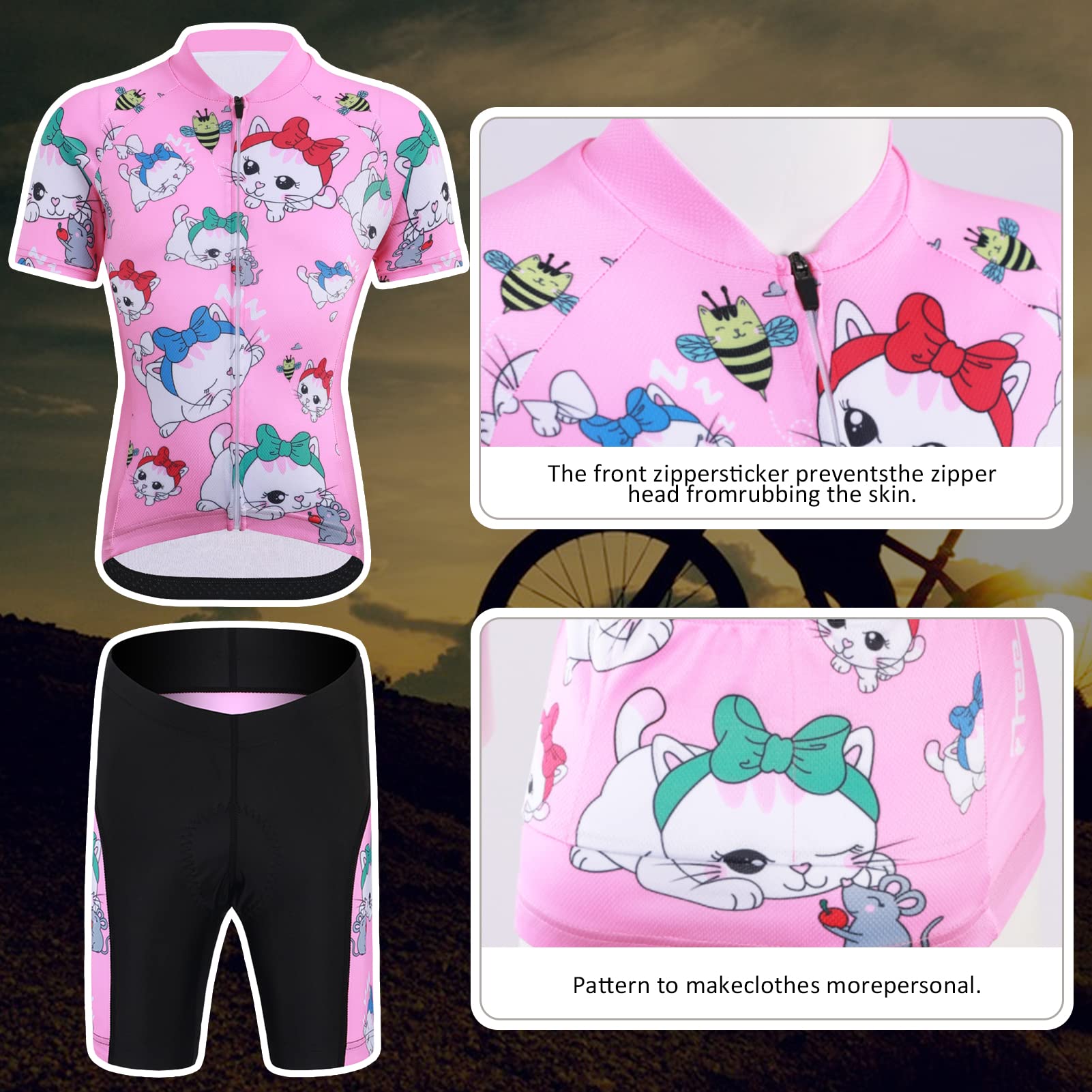 Kinder Radtrikot Set Jungen Mädchen Fahrrad Trikot Schnell Trocknend Kurzarmtrikot Atmungsaktiv Radsport Anzüge Kurzarm +Kurz Radhose mit 3D Sitzpolster