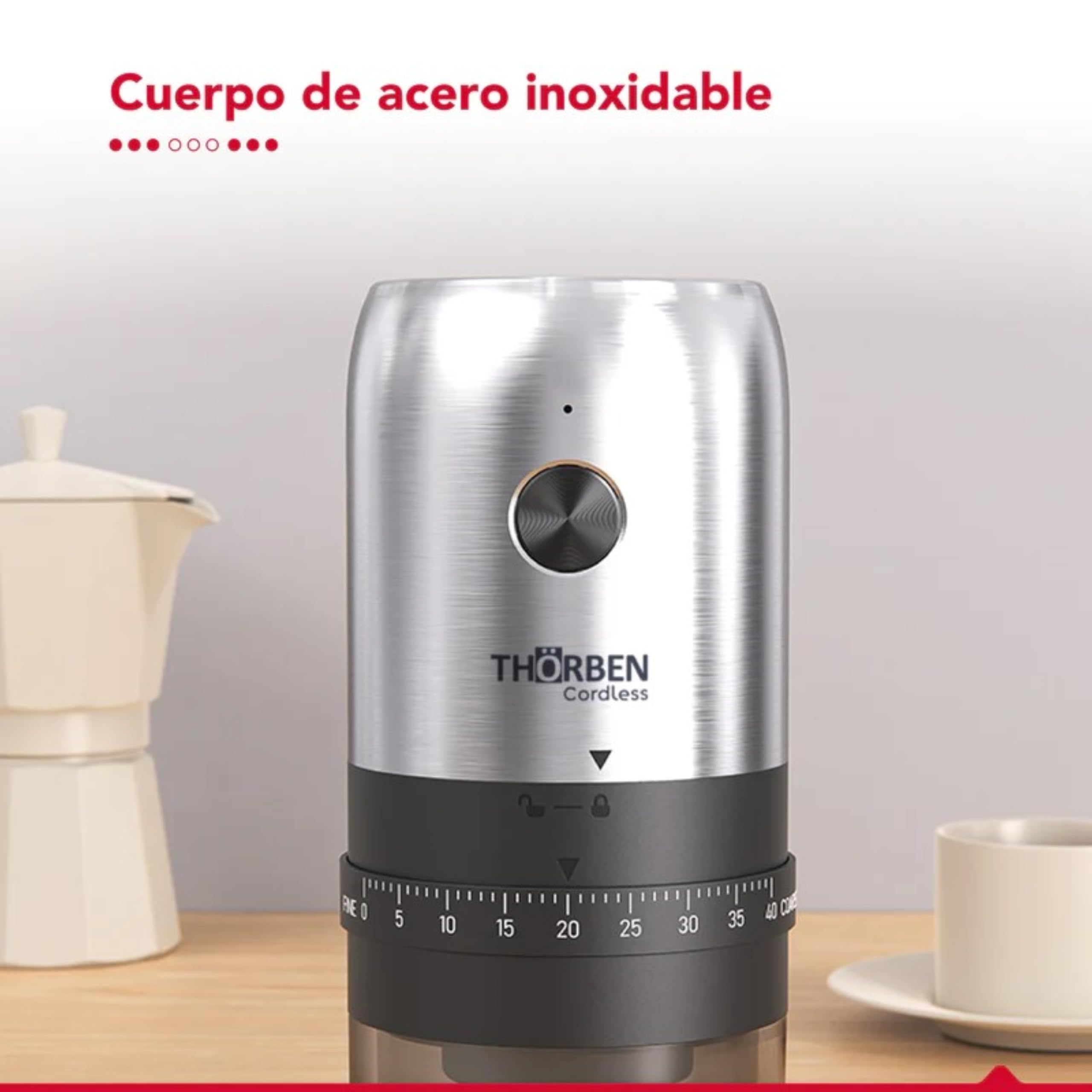 Thörben Moulin à café électrique professionnel, rechargeable USB-C, acier inoxydable, 40 niveaux de broyage, meules en céramique, 30 g de capacité, 10 W, portable, pour maison et bureau