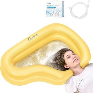 ​Portable Inflatable Shampoo Basin for Bedridden & Elderly - Zero Pooling Design | Fast-Drain Slope & Neck Support | Portable Hair Wash Bowl, Drain Hose | Hospital PVC | Home Use (Yellow, Large)