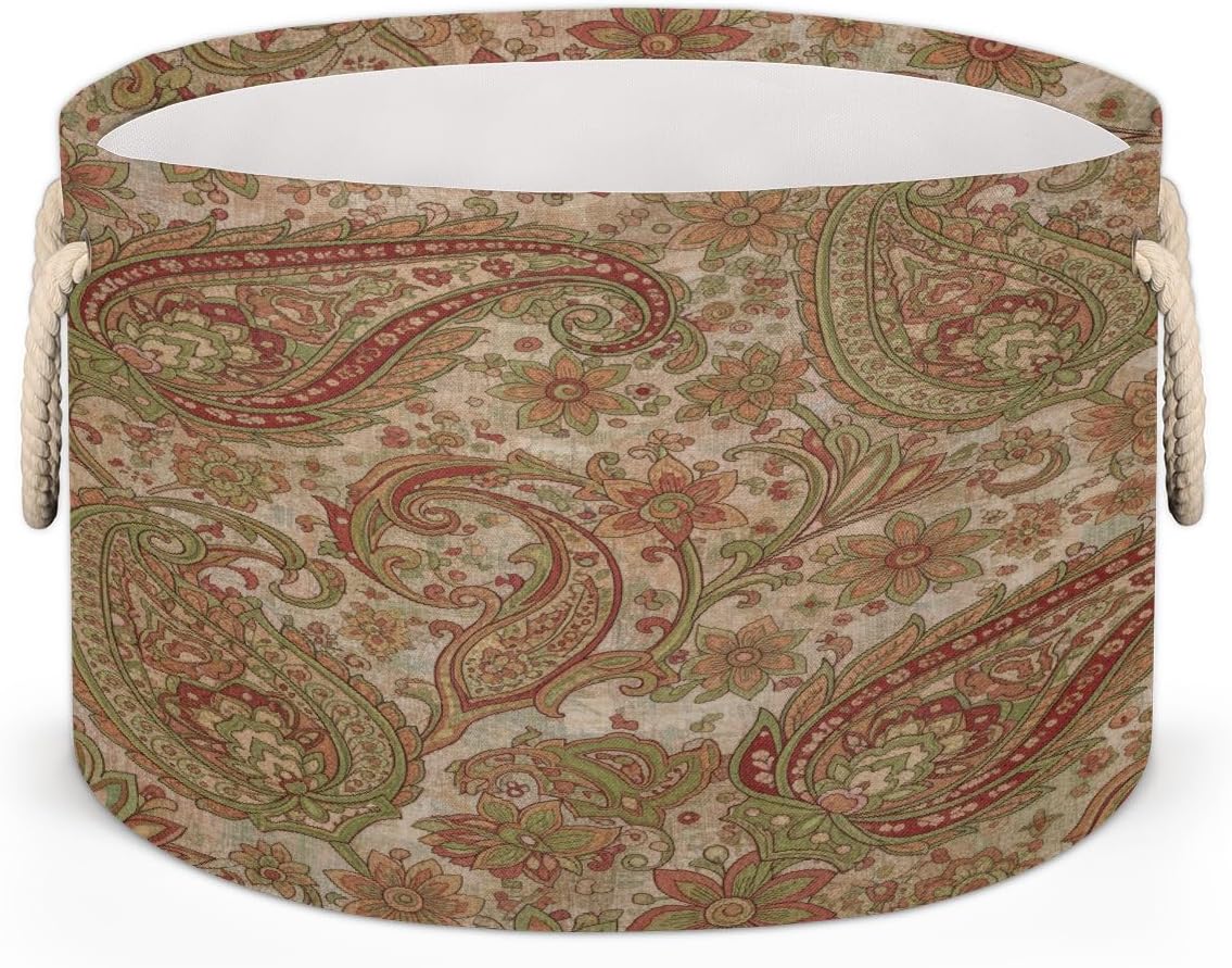 Large Storage Baskets - Retro Paisley Floral Nursery Round Collapsible Organizer Bin Box, Laundry Hamper for Kids Toys, Blanket, Bedroom Living Room Home Decor, Gift Basket, 19.4"x13.3"